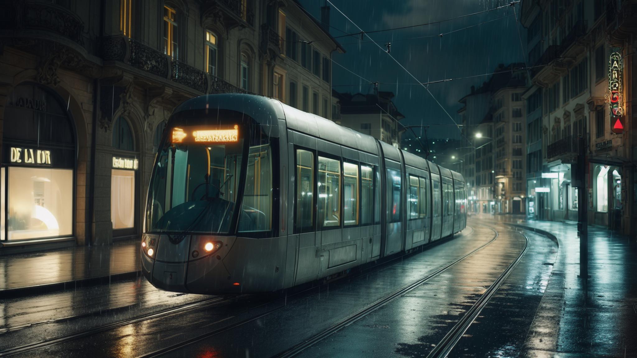 AI Image Generated by Luma Photon: Tram passing through Geneva, Switzerland, on Rue de La Croix d'Or without people around, in the rain at night, hyperrealistic, photo realism