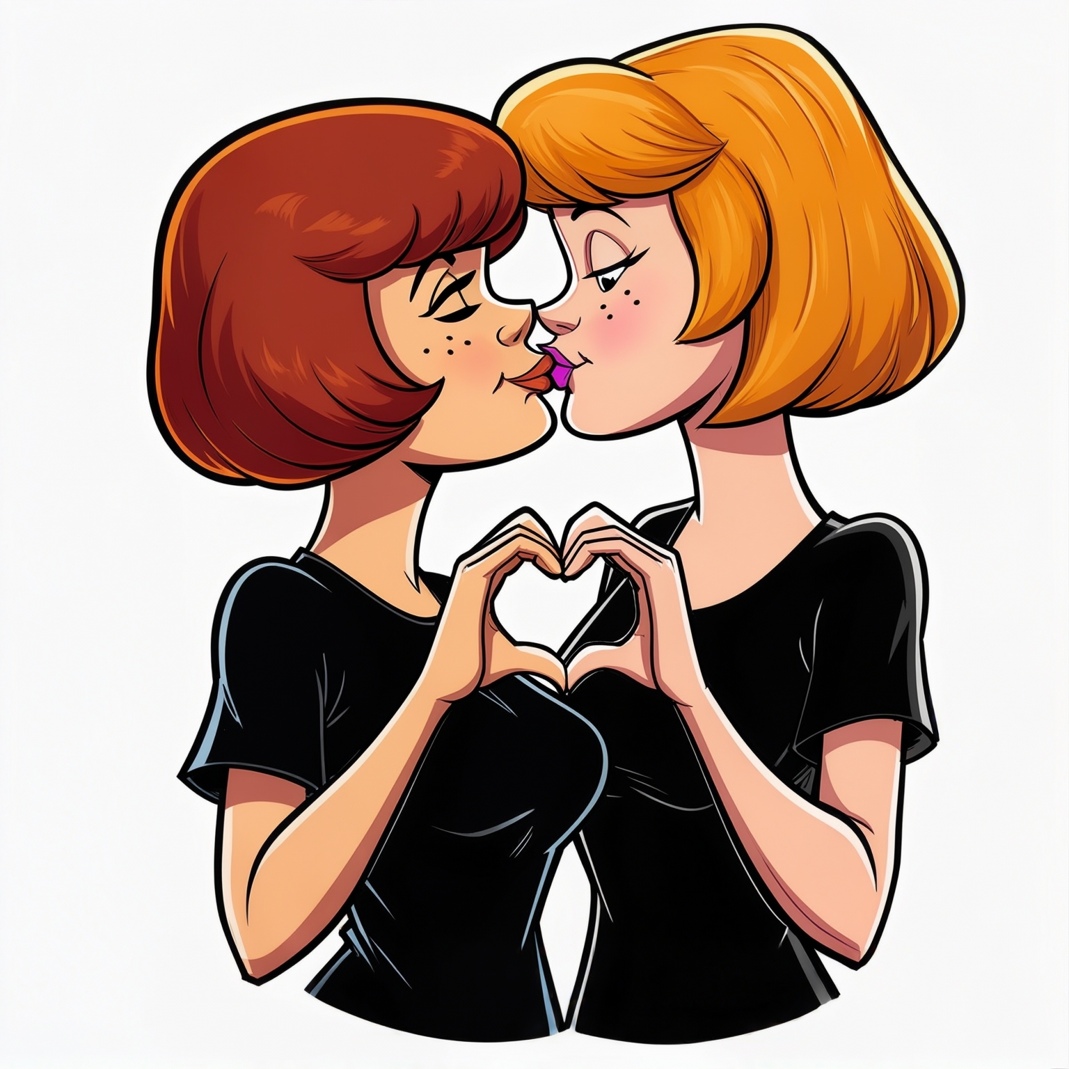 AI Image Generated by Luma Photon: Lesbiennes  en t-shirt noir velma dinkley et Daphne Blake faire un cœur avc leur deux mains être amoureuse et resté amoureuse pour toujours et s'embrasser sur la bouche dessin drawing Scooby-doo hanna-barbera