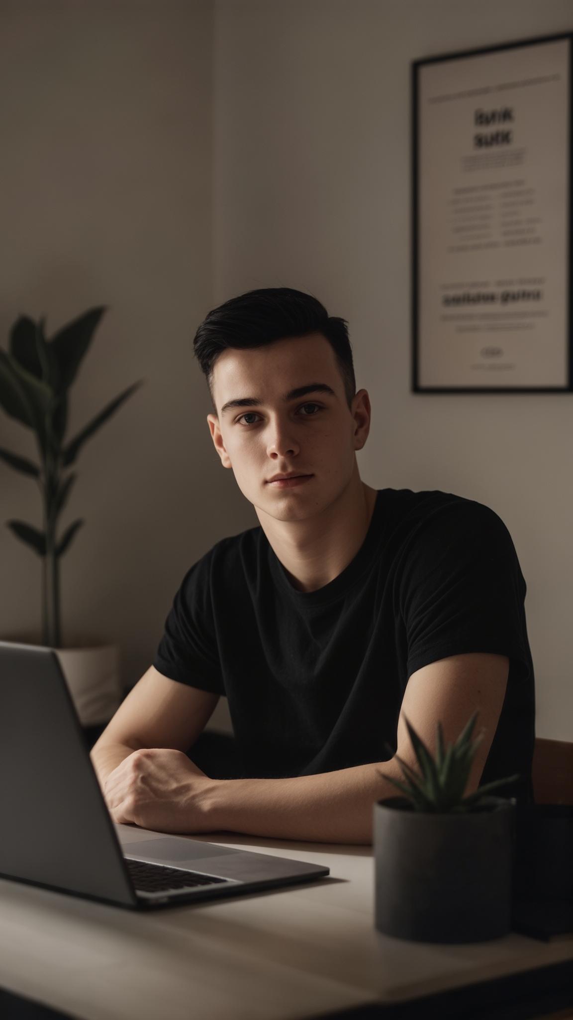 AI Image Generated by Luma Photon: A 20-year-old Caucasian male with short black hair, sitting in a modern, minimalistic interior similar to a tech YouTuber setup. He is looking directly into the camera as if filming a vlog. The background includes a desk, laptop, indoor plant, soft lighting, and framed poster on the wall, similar to a stylish tech content creator's room. The person is not holding anything and is not interacting with any objects — just calmly sitting and focused on the camera.