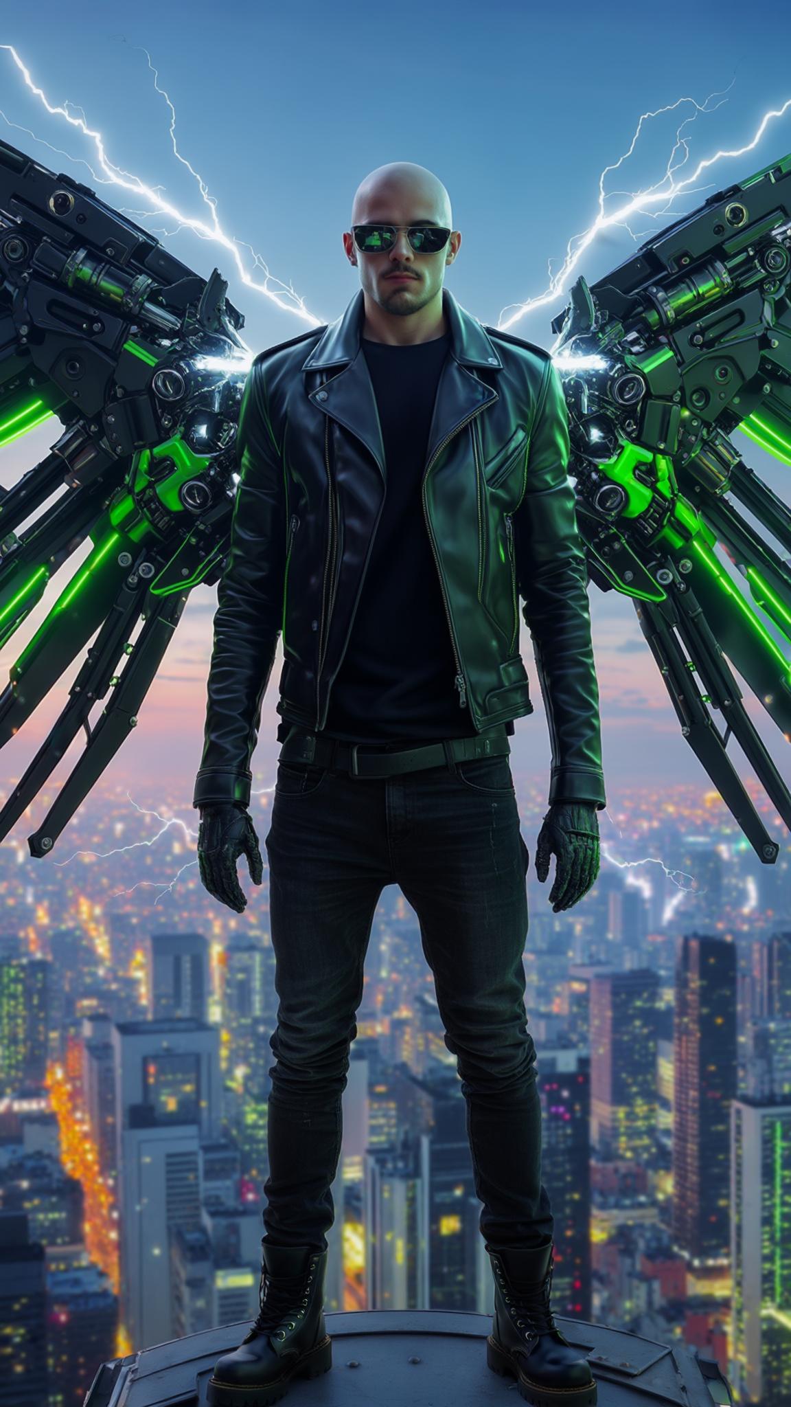 AI Image Generated by Luma Photon: A bald Dominican young man stands atop a towering skyscraper in a sprawling futuristic cityscape, the neon glow of cybernetic advancements illuminating the skyline. He wears a black leather jacket, black jeans, and heavy black boots, his stance unwavering against the pre-dawn breeze. His sleek sunglasses reflect the distant shimmer of autonomous drones patrolling the metropolis. Attached to his back are two massive cybernetic mecha wings, colored in sleek black and vibrant green, their intricate mechanisms pulsating with energy. White electricity crackles around his form, arcing across his enhanced frame like a living storm, showcasing the raw power of his cybernetic augmentations. A neon-lit urban sprawl stretching to the horizon. The sky is a deep blue, tinged with the first hints of dawn, casting an ethereal glow against the reflective surfaces of towering skyscrapers. As he spreads his mechanical wings, they unfurl with a mechanical hiss, each articulated joint gleaming under the soft, ambient city lights. The scene holds a sense of anticipation, a moment frozen in time before an imminent leap into the unknown. A cybernetic warrior, standing at the edge of technology’s pinnacle, overlooking a future yet to unfold. Close up shot at a 45-degree angle.