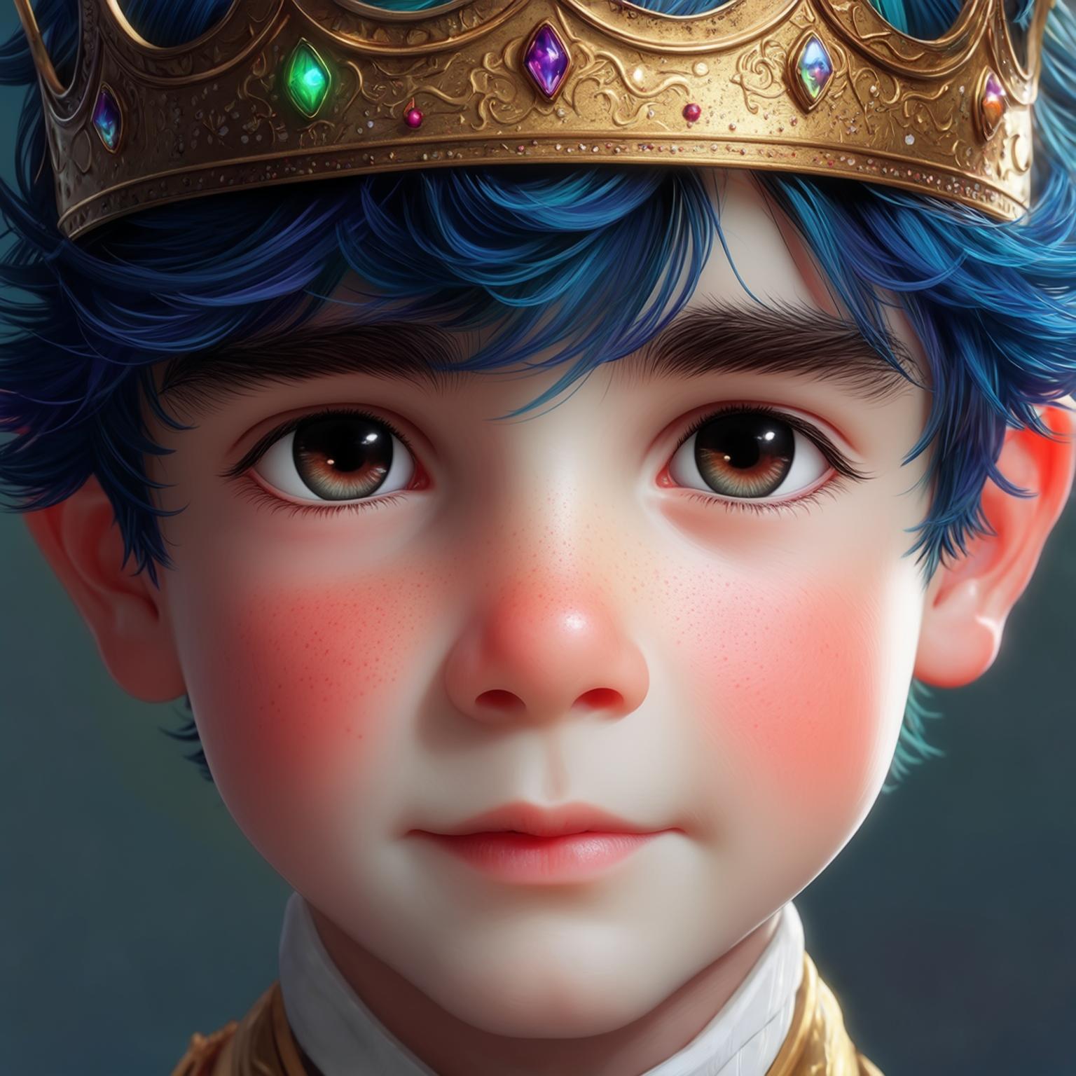 AI Image Generated by Luma Photon: Closeup face portrait of a white handsome boy wearing crown , smooth soft skin, big dreamy eyes, beautiful intricate colored hair, symmetrical, anime wide eyes, soft lighting, detailed face, by makoto shinkai, stanley artgerm lau, wlop, rossdraws, concept art, digital painting, looking into camera