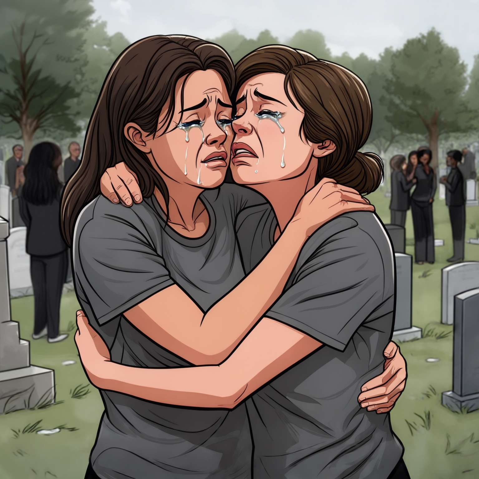 AI Image Generated by Luma Photon: Deux Lesbiennes Noa en t-shirt gris et clochette en t-shirt gris câliner dans Les bras de Noa rassurer clochette beaucoup pleuré éclaté en sanglots pour le funerailles au cimetière de c'est parents tout le monde pleuré styles drawing Disney