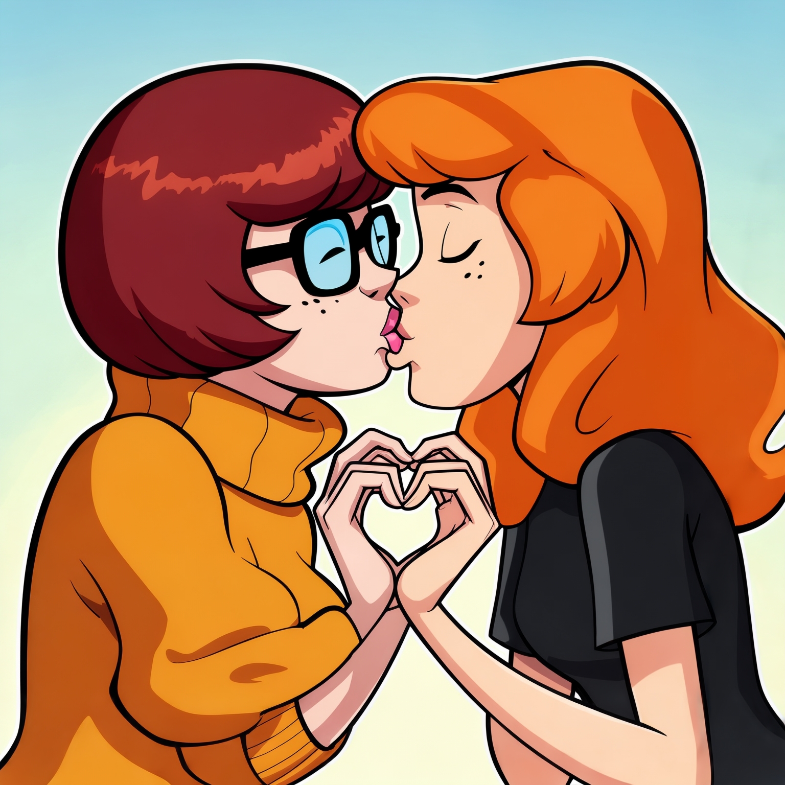 AI Image Generated by Luma Photon: nes en t-shirt noir velma dinkle et Daphne Blake faire un cœur avc leur deux mains être amoureuse et resté amoureuse pour toujours et s'embrasser sur la bouche dessin drawing cartoon Scooby-doo woo are you hanna-barbera