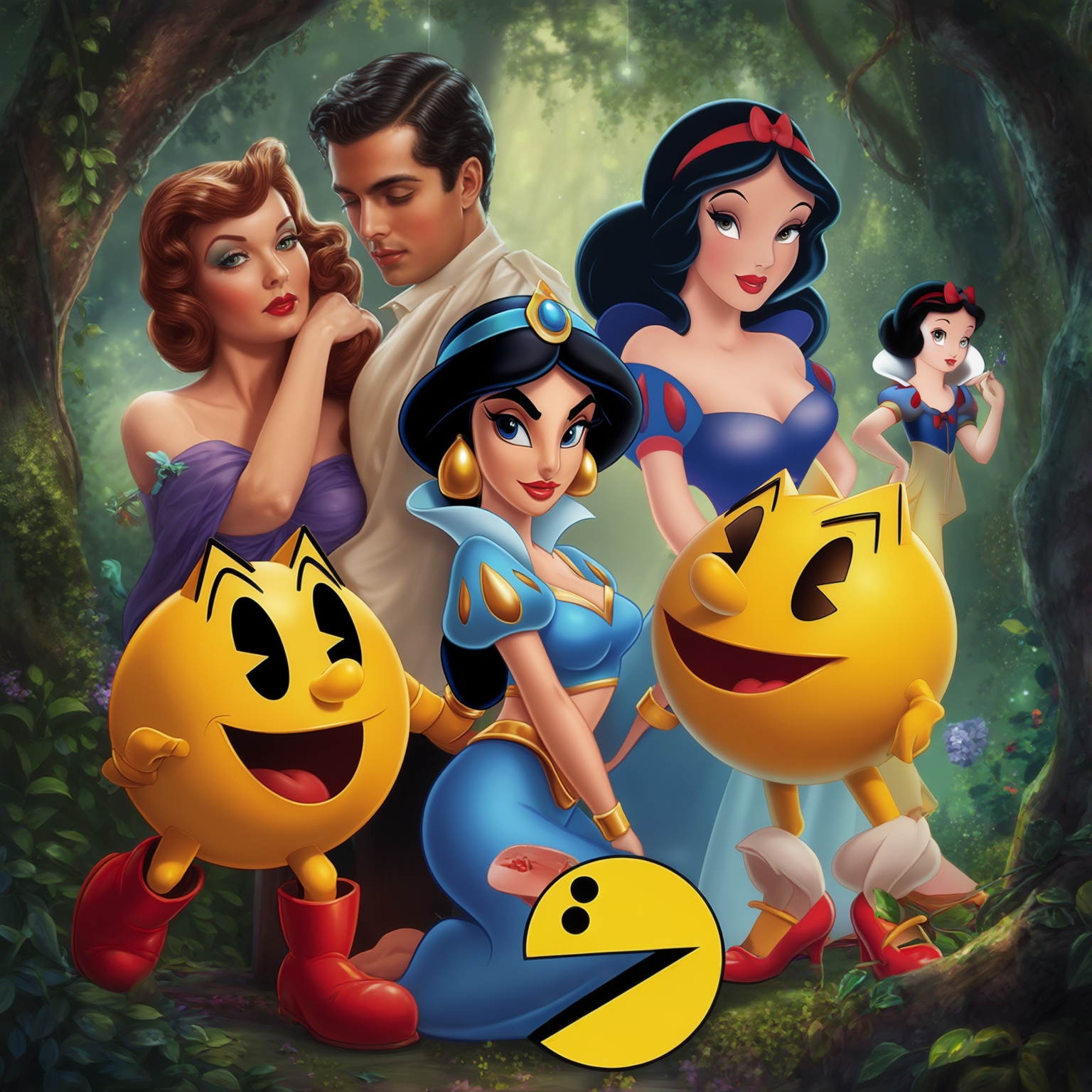 AI Image Generated by Luma Photon: Two lesbians two Pac Man characters princess jasmine and princess snow white drawing Disney 1937s that both
