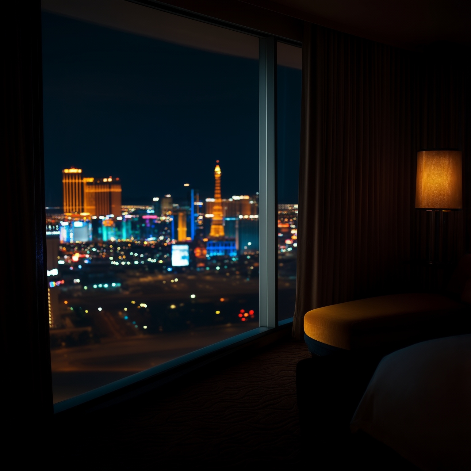 AI Image Generated by Luma Photon: Inner view of a hotel room in las vegas realistic cinematic an detailed. view from right next to window looking at the city lights as they engulf the viewers sight