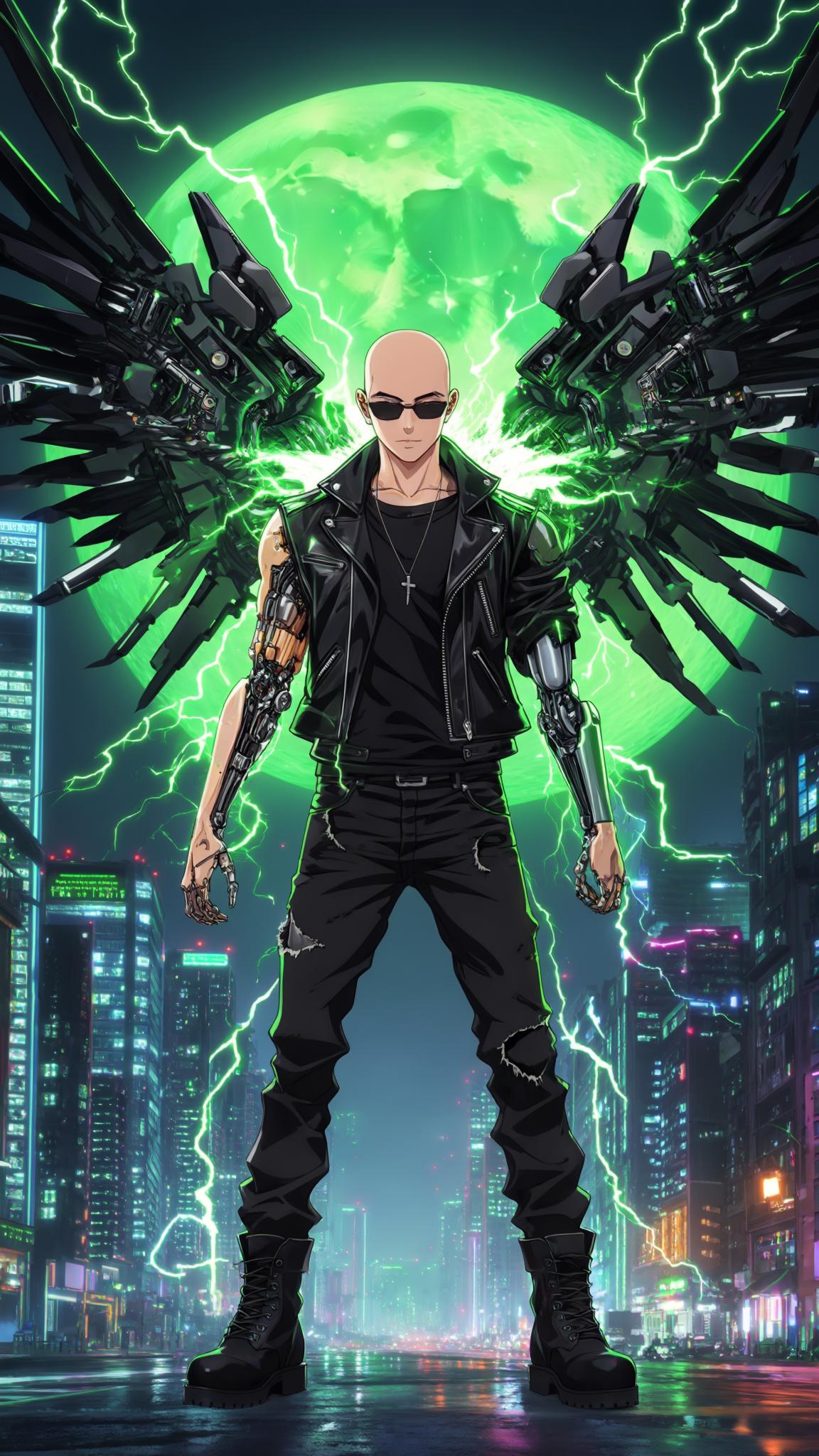 AI Image Generated by Luma Photon: In an anime style, a bald Dominican young man standing in the street in a sprawling futuristic cityscape, the neon glow of cybernetic advancements illuminating the skyline. He wears a black leather jacket that is torn, black jeans, and heavy black boots, cybernetic arms, his stance unwavering against the pre-dawn breeze. His sleek sunglasses reflect the distant shimmer of autonomous drones patrolling the metropolis. Attached to his back are two massive cybernetic mecha wings, colored in sleek black and vibrant green, their intricate mechanisms pulsating with energy. Electricity crackles around his wings, arcing across his enhanced frame like a living storm, showcasing the raw power of his cybernetic augmentations. Neon lights are pulsating throughout the city below. A big green moon directly behind subject. 