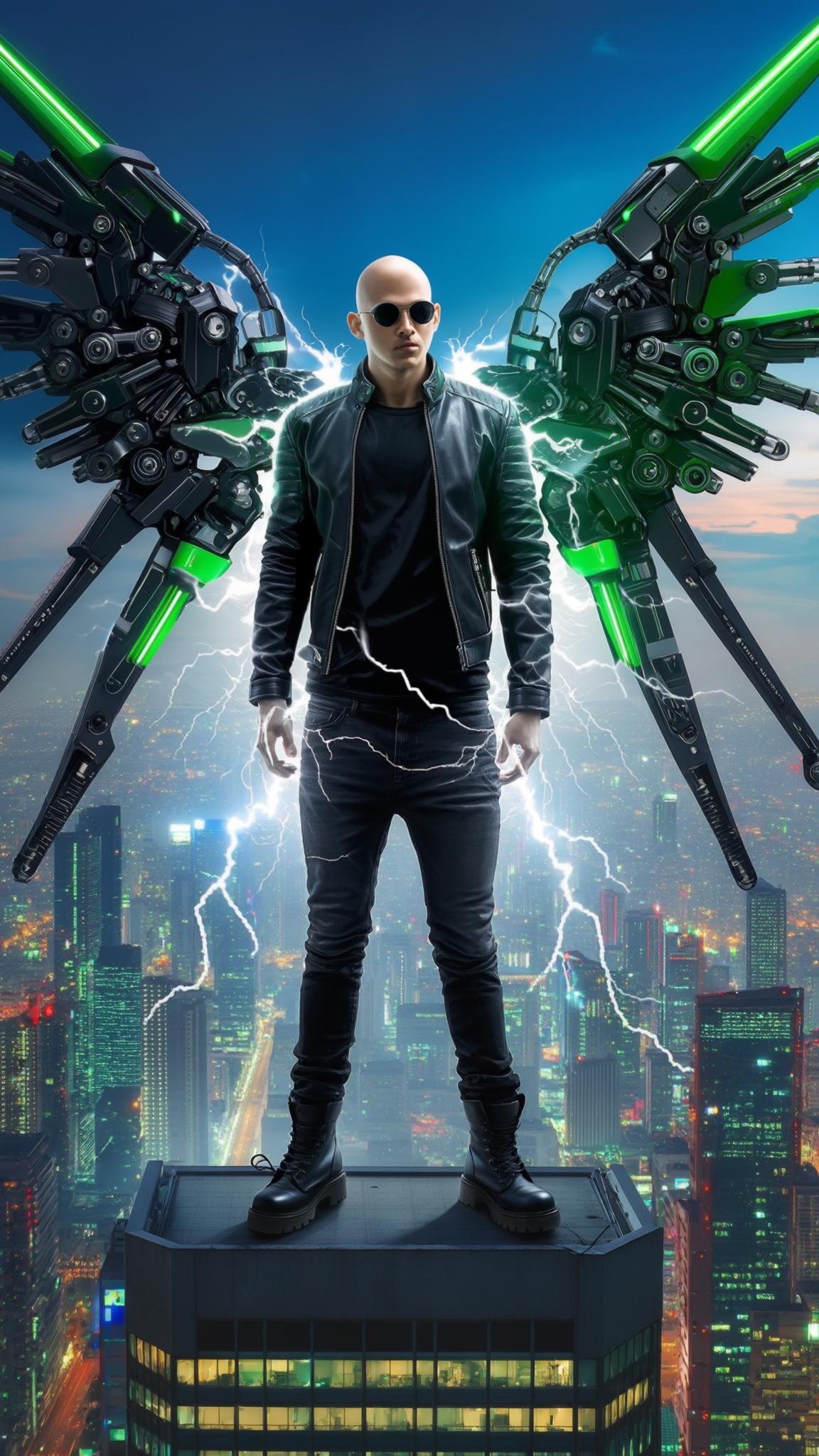 AI Image Generated by Luma Photon: A bald Dominican young man stands atop a towering skyscraper in a sprawling futuristic cityscape, the neon glow of cybernetic advancements illuminating the skyline. He wears a black leather jacket, black jeans, and heavy black boots, his stance unwavering against the pre-dawn breeze. His sleek sunglasses reflect the distant shimmer of autonomous drones patrolling the metropolis. Attached to his back are two massive cybernetic mecha wings, colored in sleek black and vibrant green, their intricate mechanisms pulsating with energy. White electricity crackles around his form, arcing across his enhanced frame like a living storm, showcasing the raw power of his cybernetic augmentations. A neon-lit urban sprawl stretching to the horizon. The sky is a deep blue, tinged with the first hints of dawn, casting an ethereal glow against the reflective surfaces of towering skyscrapers. As he spreads his mechanical wings, they unfurl with a mechanical hiss, each articulated joint gleaming under the soft, ambient city lights. The scene holds a sense of anticipation, a moment frozen in time before an imminent leap into the unknown. A cybernetic warrior, standing at the edge of technology’s pinnacle, overlooking a future yet to unfold.