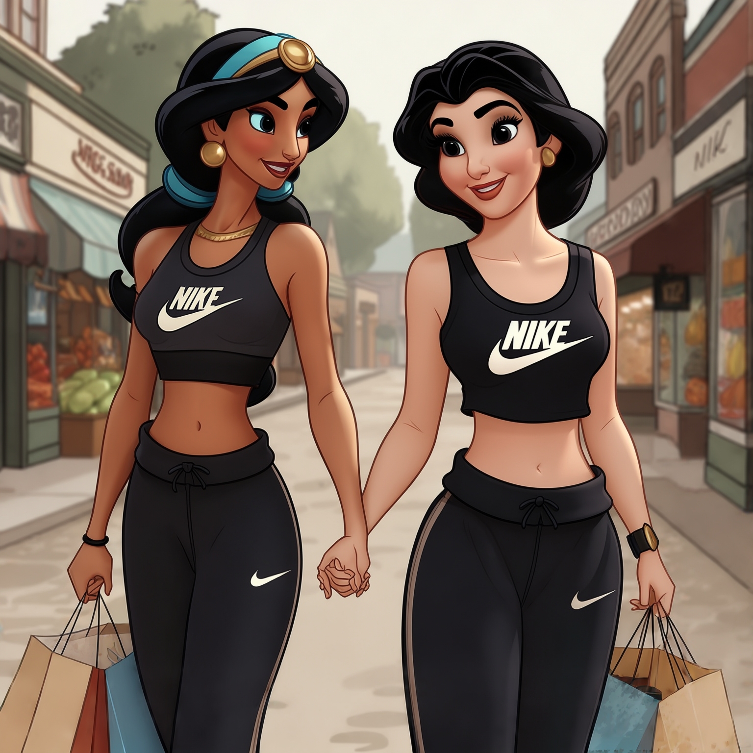 AI Image Generated by Luma Photon: lesbians jasmine dressed in sweat black Nike and and snow white in sweat black Nike and shopping clothe take hands close view styles drawing Disney cartoon 1937s