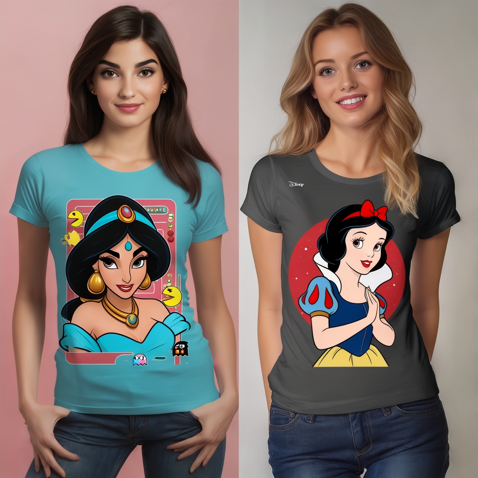 AI Image Generated by Luma Photon: Two lesbians in t-shirts gray and princess jasmine and princess snow white styles PAC Man drawing Disney 1937s that both