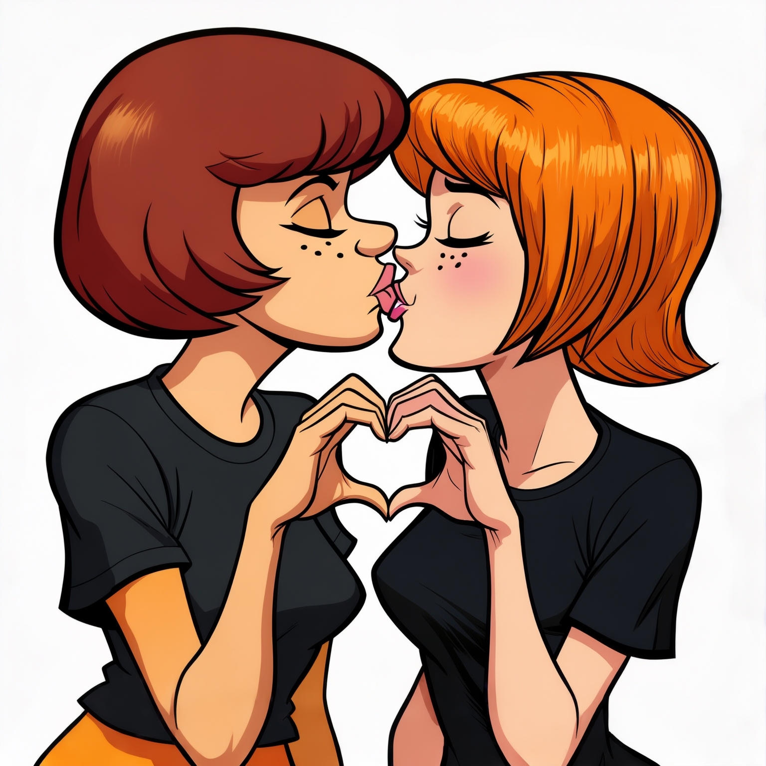 AI Image Generated by Luma Photon: Lesbiennes  en t-shirt noir velma dinkley et Daphne Blake faire un cœur avc leur deux mains être amoureuse et resté amoureuse pour toujours et s'embrasser sur la bouche dessin drawing Scooby-doo woo are you hanna-barbera