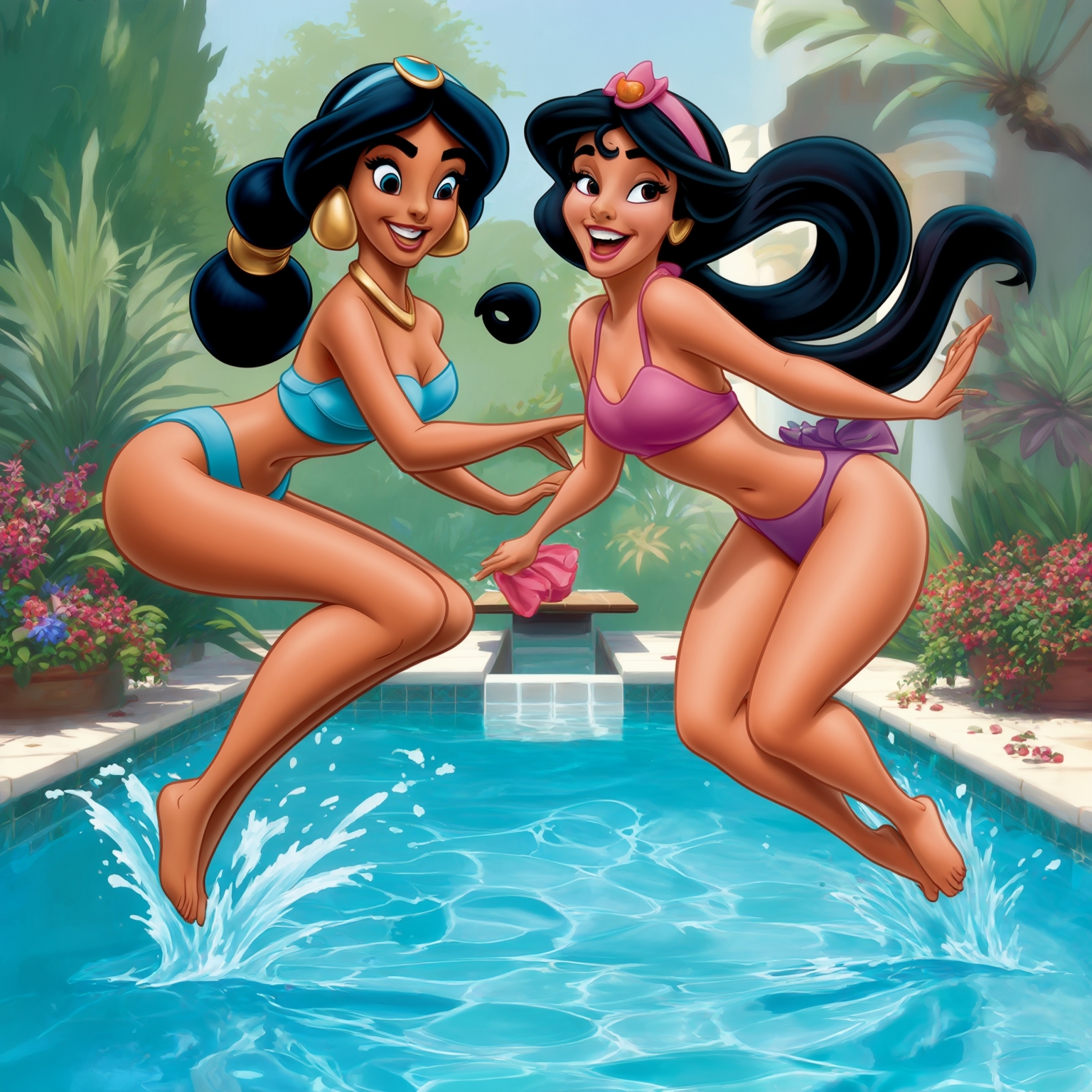 AI Image Generated by Luma Photon: two lesbians happy smiles in a swimsuit and Jasmine and snow white bathe pool and jumping off the diving board styles Disney drawing  