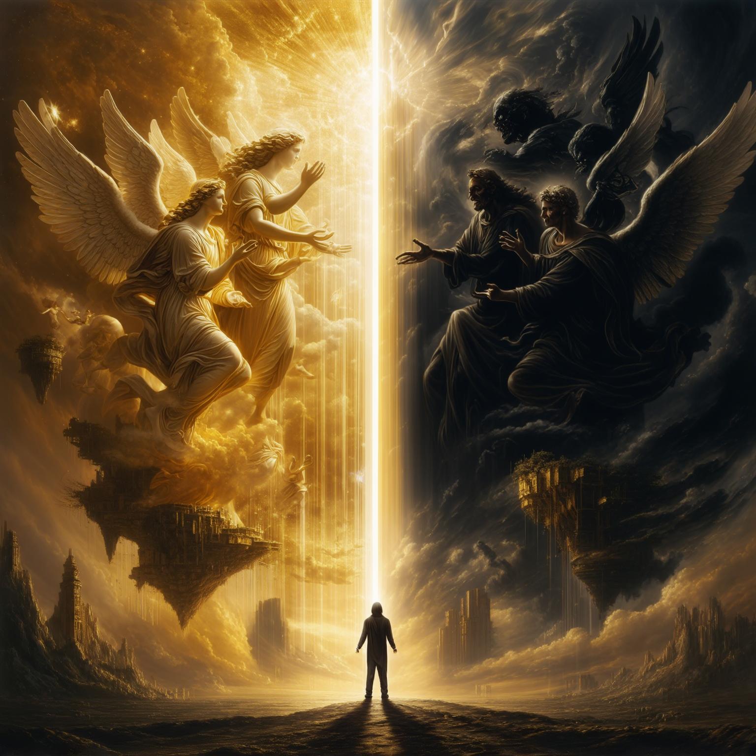 AI Image Generated by Luma Photon: "A dramatic scene depicting a person standing at the crossroads between divine light and seductive darkness. On one side, radiant golden light cascades down from heaven, embodied by ethereal, angelic figures with outstretched hands. On the opposite side, beautiful but sinister entities emerge from swirling shadows, offering temptation with alluring gestures. The central figure stands precisely at the boundary between these realms, face illuminated half in gold, half in shadow. The background shows an epic, overwhelming landscape - perhaps massive floating islands or colossal architecture that dwarf the human scale. Crucially, the golden light is visibly pushing back the darkness, with rays penetrating the shadows and causing them to recede. The composition should suggest cosmic scale and the eternal struggle between good and evil, with light ultimately prevailing. The overall atmosphere is awe-inspiring and slightly intimidating in its grandeur, with dramatic lighting that emphasizes the conflict between light and darkness."