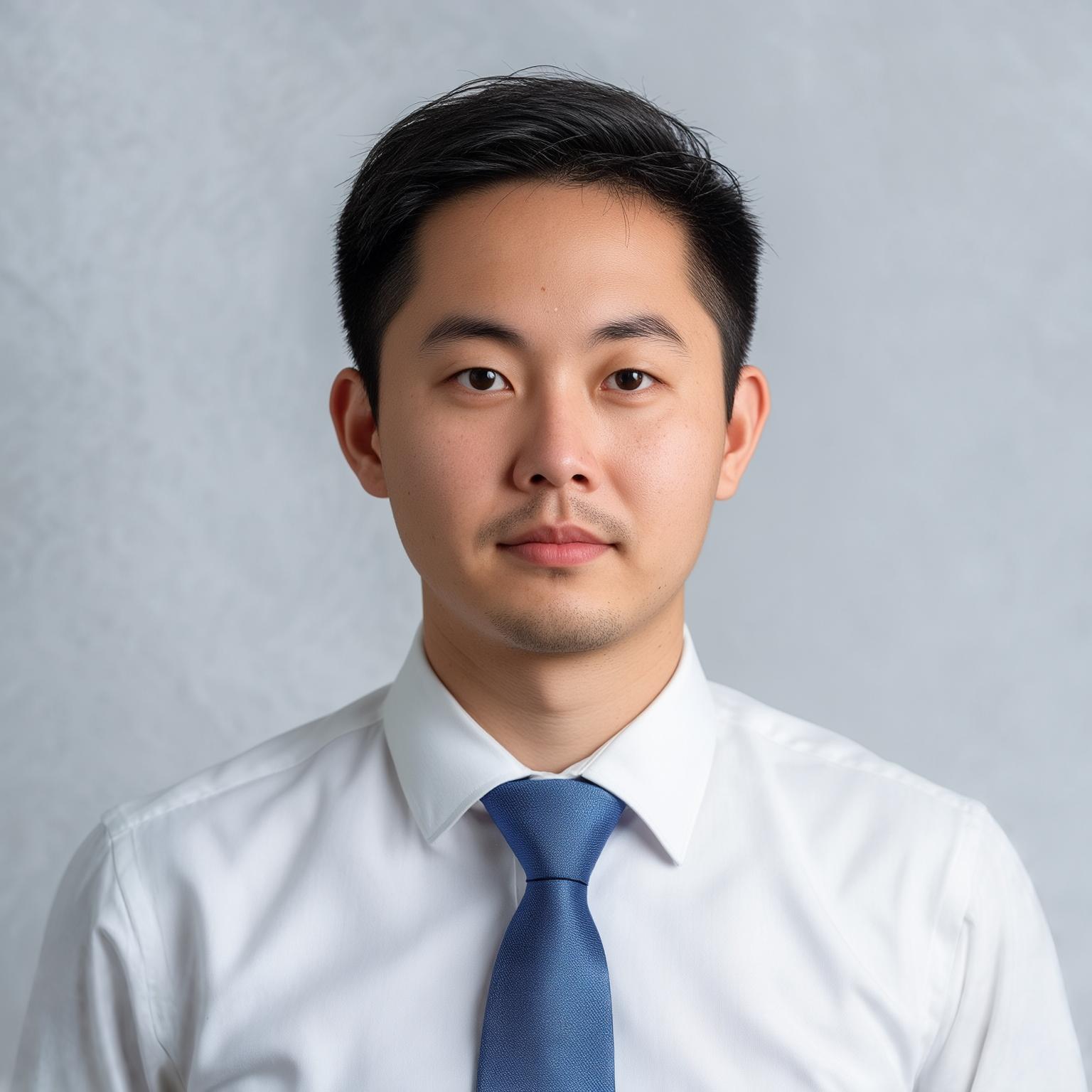 AI Image Generated by Luma Photon: "Create a professional portrait photograph with the following characteristics:

- Subject positioned centrally against a light gray textured background
- Clean, minimalist composition with professional lighting
- Subject wearing a formal white shirt with a blue tie
- Professional headshot framing (head and shoulders visible)
- Neutral, composed expression
- High contrast between subject and background
- Square crop format
- Subtle texture in the background for depth"