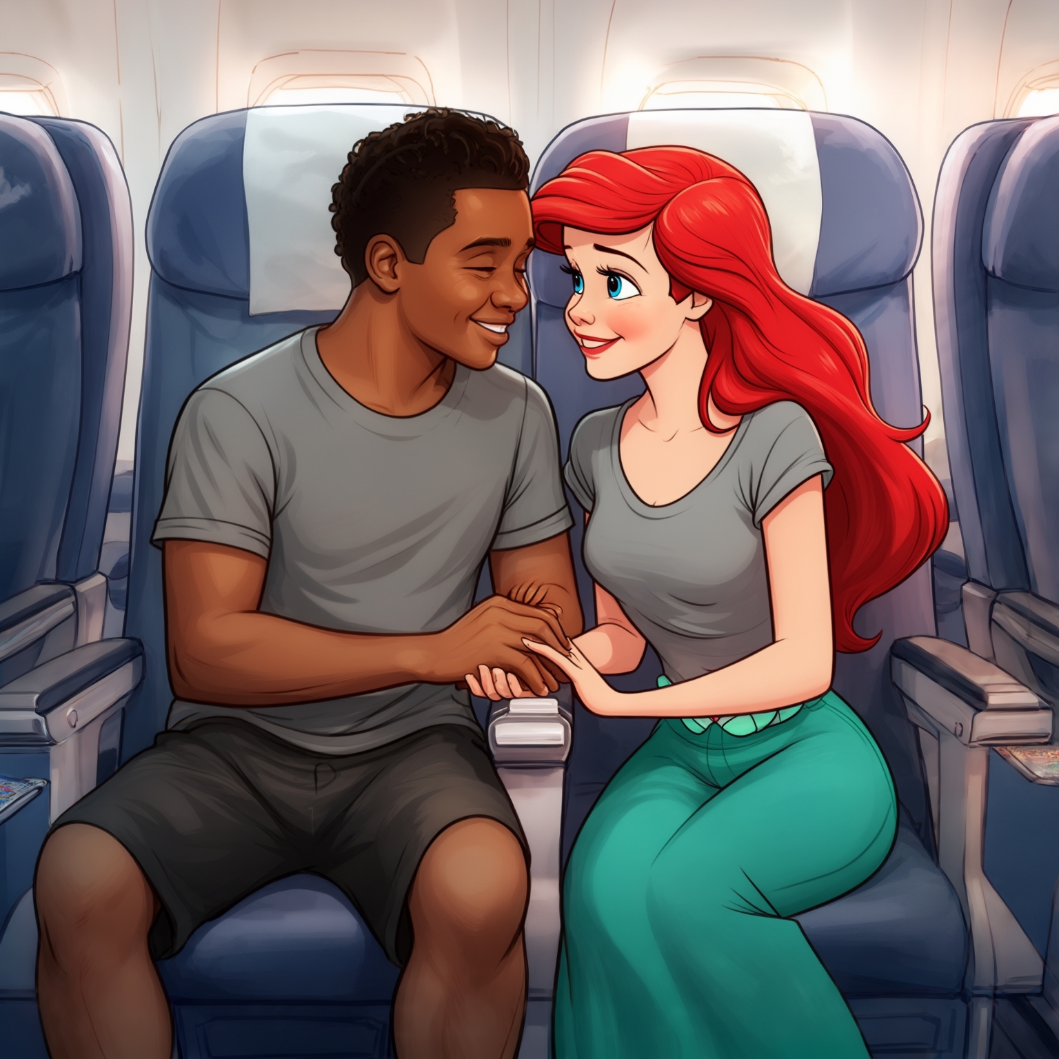 AI Image Generated by Luma Photon: Deux Lesbiennes Nani pelekai en t-shirt gris et ariel en t-shirt gris et partir en vacances prendre l'avion pour la mère entre amoureuses assis tout Les deux a côté se donner la mains dans l'avion drawing Disney