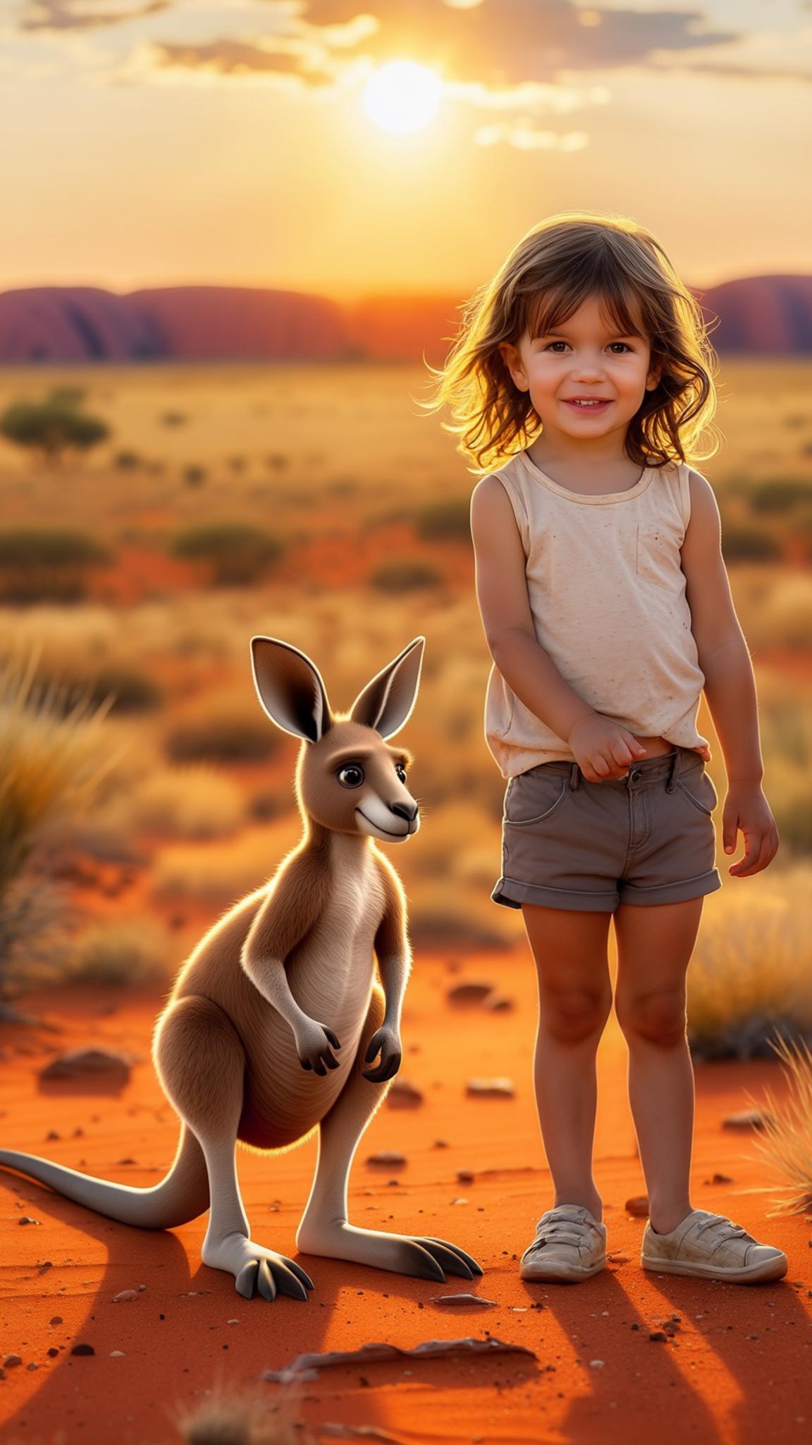 AI Image Generated by Luma Photon: 3-year-old Australian girl with sun-kissed skin and wavy brown hair, wearing casual summer clothes and standing next to a friendly kangaroo in the outback. The background features a golden sunset over the vast Australian desert