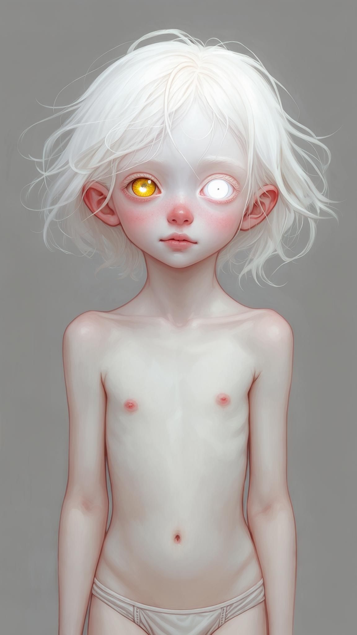 AI Image Generated by Luma Photon: Digital painting illustration of Arli Kino, a fragile young albino girl with tousled white hair and heterochromia iridum: right eye is almost white, left eye is vivid yellow. She has a small, delicate body frame and wears plain light-colored underwear. Soft, ethereal lighting. Calm, quiet mood. Simple background. Art style similar to [можешь добавить имя художника или стиль, например: WLOP, sakimichan, illustrative].
