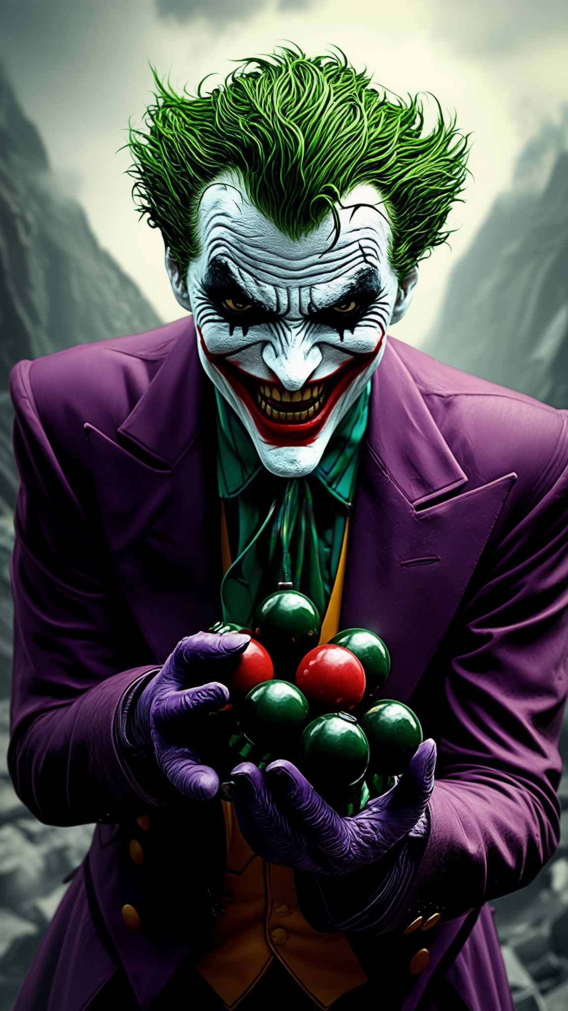AI Image Generated by Luma Photon: 이미지는 DC 코믹스의 악당 캐릭터인 조커를 묘사하고 있습니다. 험준한 산악 지형을 배경으로, 조커는 녹색 머리와 하얀 얼굴 분장, 보라색 정장을 입고 섬뜩한 미소를 지으며 묶음으로 된 폭탄을 들고 있습니다. 조커의 광기 어린 표정과 폭탄이라는 소품이 어우러져 강렬하고 위협적인 분위기를 연출하며, 마치 폭발 직전의 긴장감을 느끼게 합니다. 이 이미지는 조커의 특징적인 외모와 광기 어린 성격을 잘 나타내며, 그의 악행을 예고하는 듯한 섬뜩한 분위기를 자아냅니다."