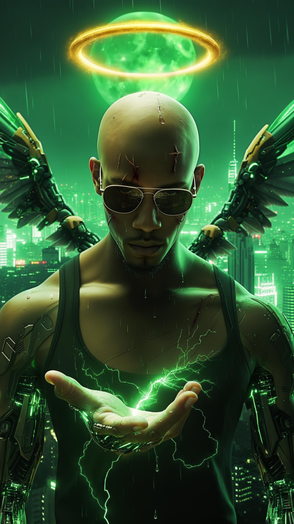 AI Image Generated by Luma Photon: A cinematic close-up captures a bald Dominican young man standing motionless in the heart of a sprawling futuristic cityscape. The golden glow of a floating halo above his head softly illuminates his cybernetically enhanced face, highlighting deep scars that tell a story of survival. His sleek sunglasses rest low on his nose, revealing sharp, contemplative eyes as he gazes into his open palm radiating with green electricity. Raindrops sizzle against his cybernetic fingers, steam rising as faint arcs of electricity dance across his metallic limbs. His massive Gundam-style mecha wings remain folded behind him, pulsating with neon green energy, their intricate mechanisms subtly shifting with each breath he takes. The city hums around him—ships patrol the sky, their distant lights flickering in the reflection of his palm. The camera lingers on the moment, capturing every detail in hyper-realistic 8K with Unreal Engine-quality visuals. The neon skyline pulses in slow rhythm, a hypnotic dance of color and light, while a massive green moon looms overhead, casting an ethereal glow across the scene. The world seems to pause with him, the weight of destiny resting in his grasp.