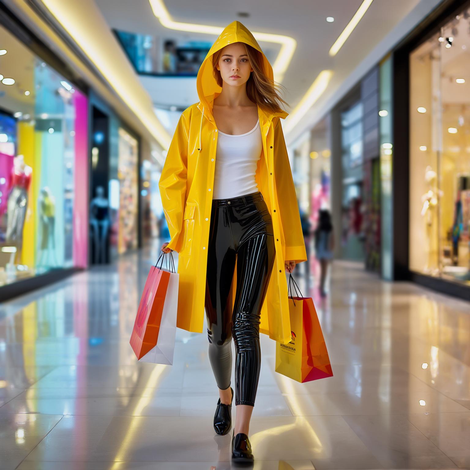 AI Image Generated by Luma Photon: A young woman in a yellow raincoat, white tank top, black pvc pants, shopping in a mall.