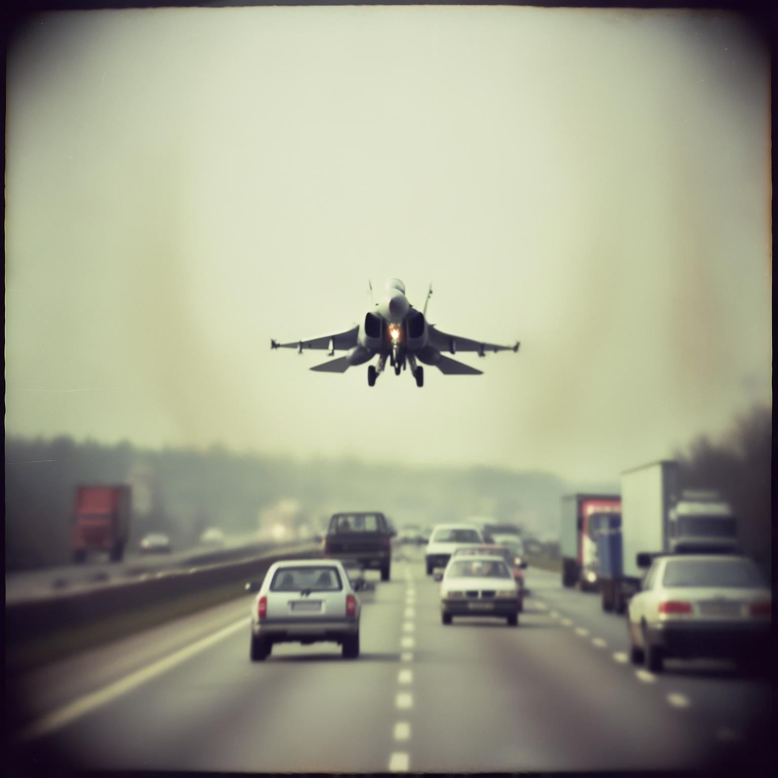 AI Image Generated by Luma Photon: Low quality amateur photo, a fighter jet flying above a highway at low altitude, 2008
