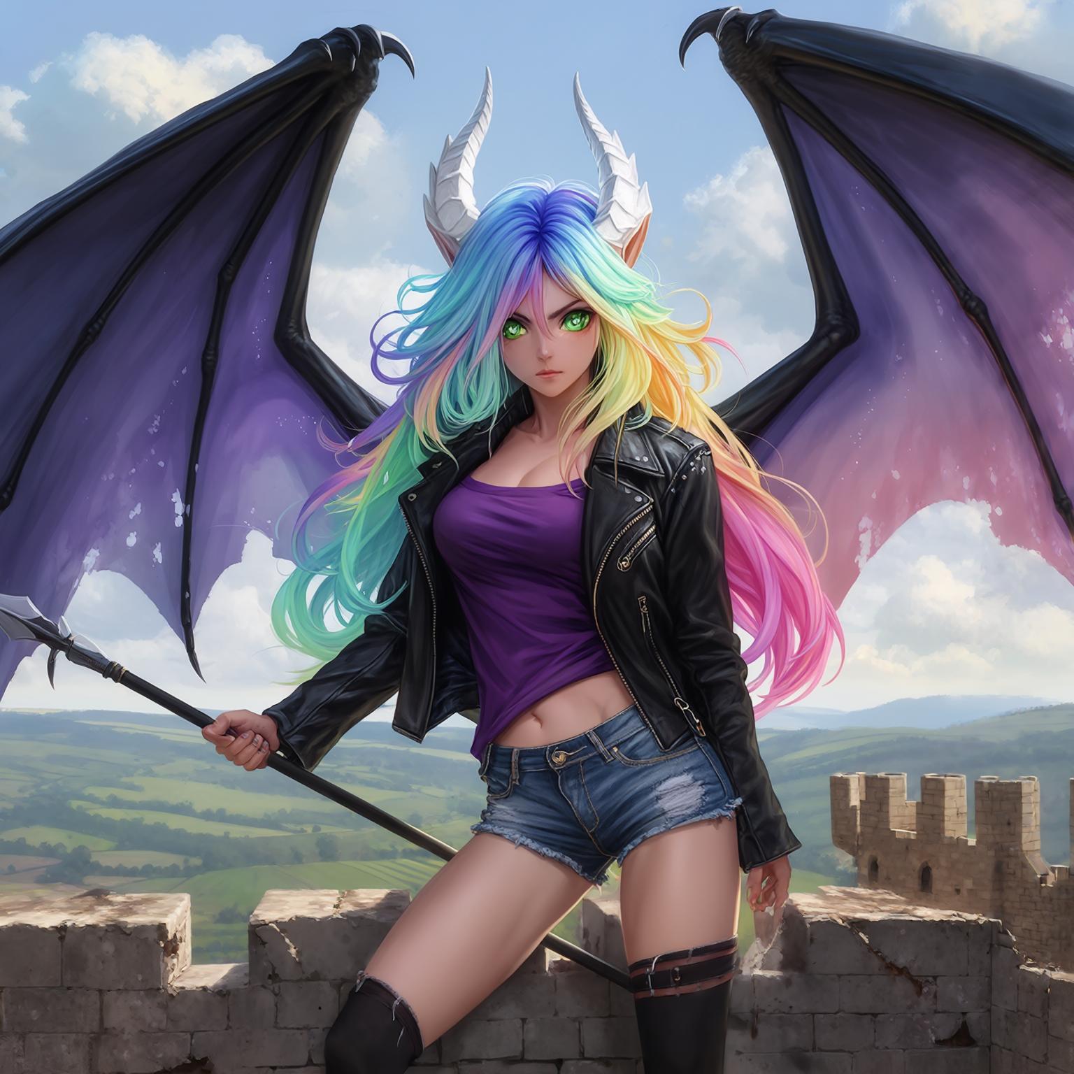 AI Image Generated by Luma Photon: A beautiful woman with green eyes, large black dragon wings and white horns, multicoloured gradient hair with hues of pastel blue, purple, pink, green and yellow, wearing denim shorts, a purple shirt and a black jacket while standing guard on a castle wall in a dynamic pose with a spear in hand, drawn in high-quality anime style.