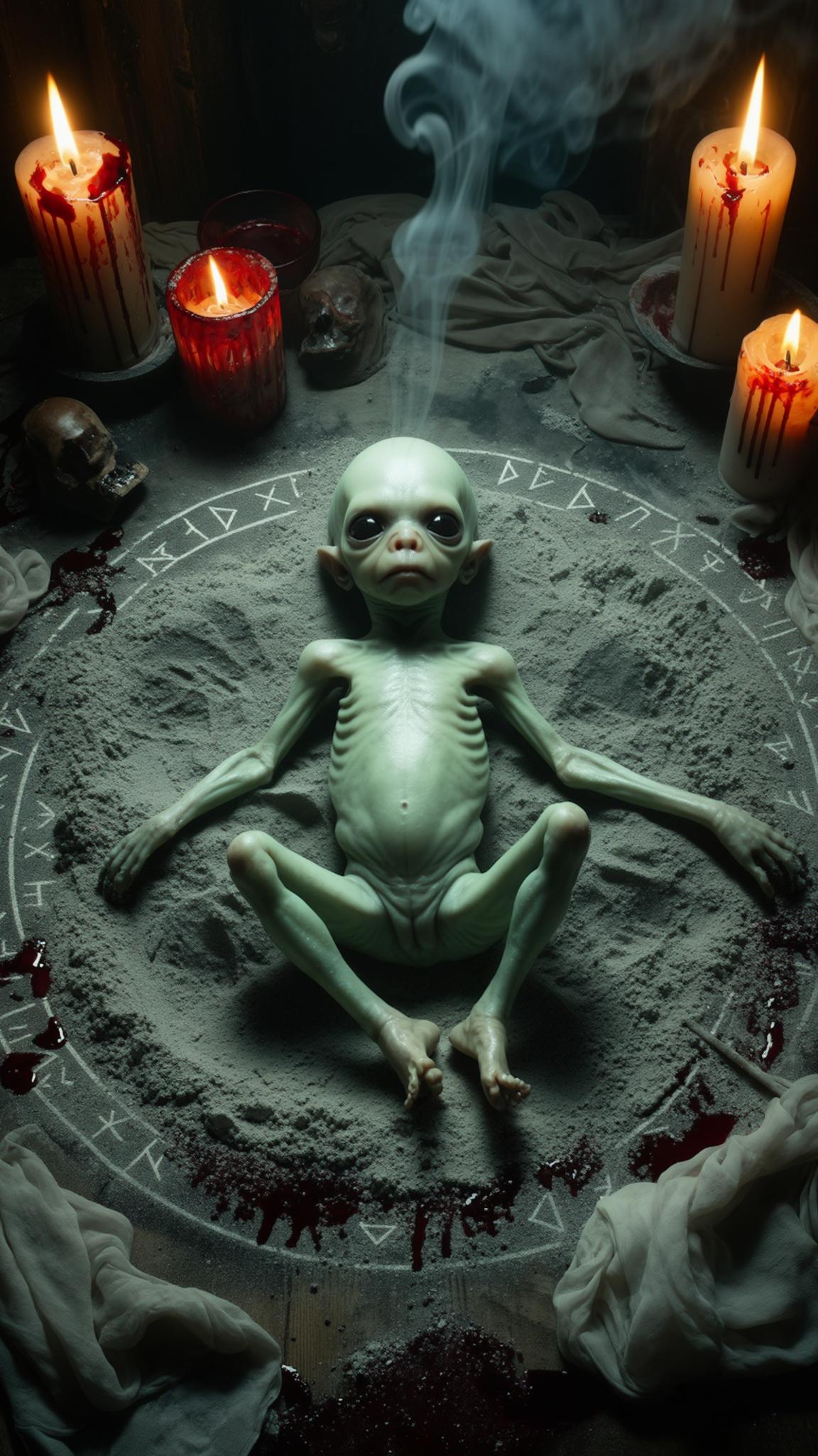 AI Image Generated by Luma Photon: Inside a candle-lit ritual chamber, a pale green small, fetus-like creature lies in a circle of ash. realistic human Black-eyed, shriveled limbs, silent expression. Blood-soaked cloth and ancient runes surround it. The air is thick with smoke, tension, and dark energy.