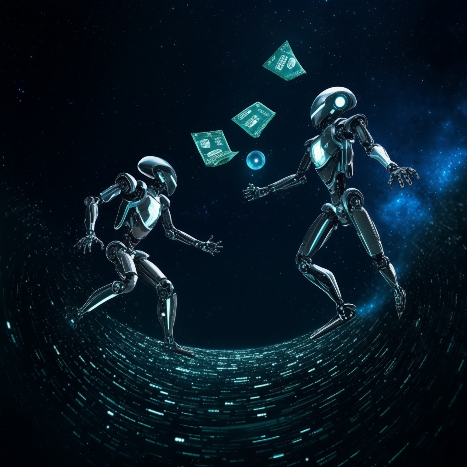 AI Image Generated by Luma Photon: robots throwing old rpm packages into a black hole made of binary bits
