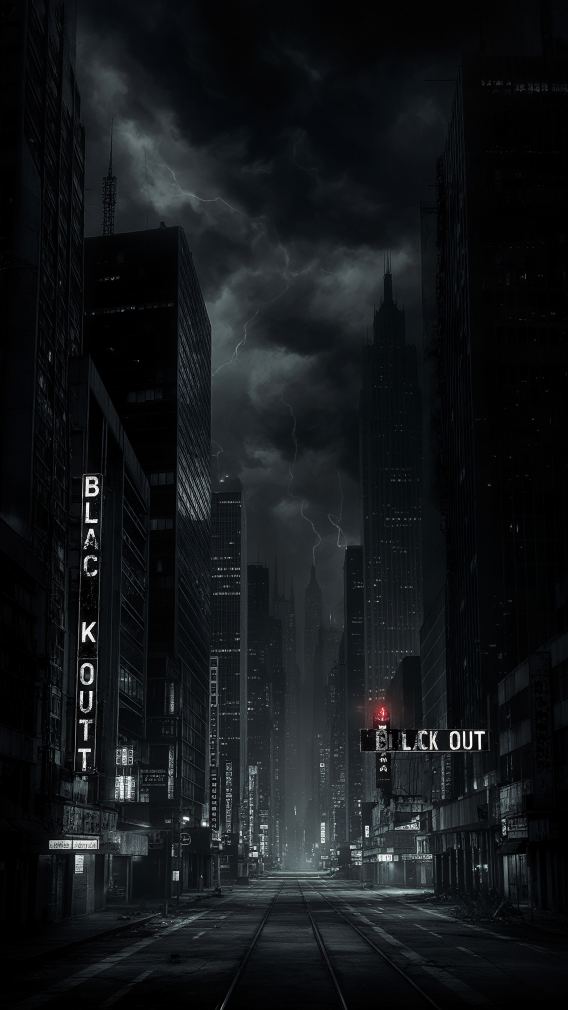 AI Image Generated by Luma Photon: "Create a dark, atmospheric cityscape at night for the hero story titled 'Black Out.' The image should feature a sprawling modern city with towering skyscrapers shrouded in shadows. The streets are empty and dimly lit, with occasional neon signs glowing faintly, adding a touch of eerie color to the otherwise somber scene. Dark clouds swirl above, creating an ominous and tense atmosphere. In the distance, faint hints of an electrical storm or dark energy pulse through the sky, symbolizing the latent power and mystery of the story. The title 'Black Out' is displayed in bold, distressed font, with the words slightly glowing, reflecting the theme of a world on the brink of chaos and transformation."