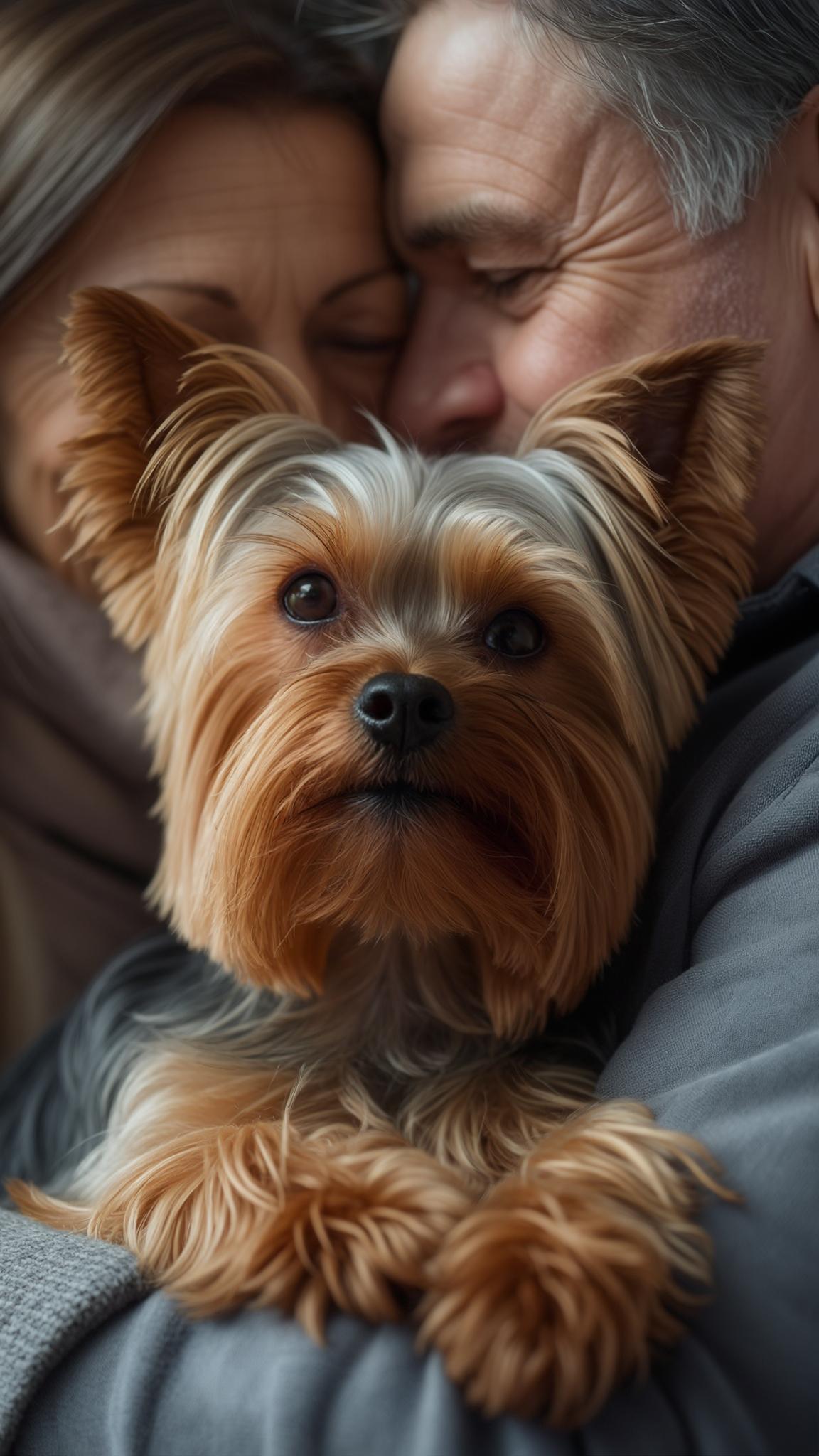 AI Image Generated by Luma Photon: A small brown-haired Yorkshire Terrier, cuddled in the arms of a loving middle-aged couple, feeling happy and safe. Warm and cozy atmosphere, soft lighting, realistic details, high-quality photography style --v 5.2 --ar 16:9 --q 2 --stylize 750"