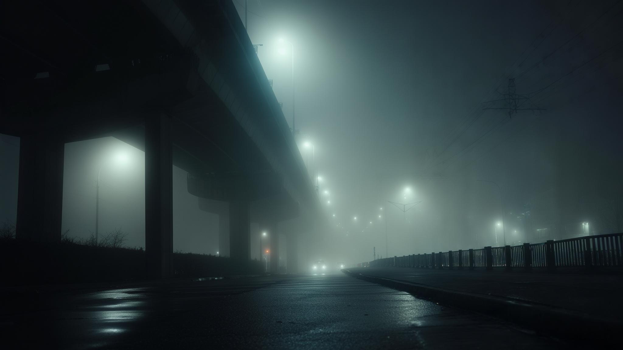 AI Image Generated by Luma Photon: 夜晚隐藏在浓雾中的高架桥