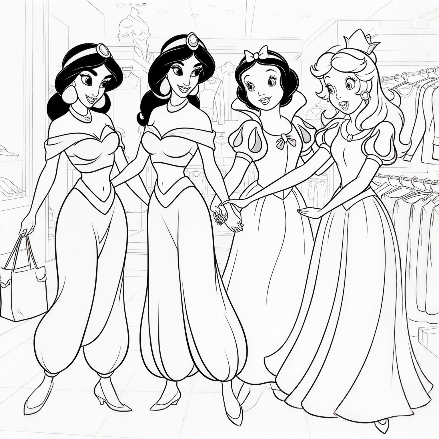 AI Image Generated by Luma Photon: Two lesbians princess jasmine dressed in princess Daisy and haïr style the same and princess snow white dressed in princess and style the same Peach and shopping clothe take hands drawing Disney 1937s 