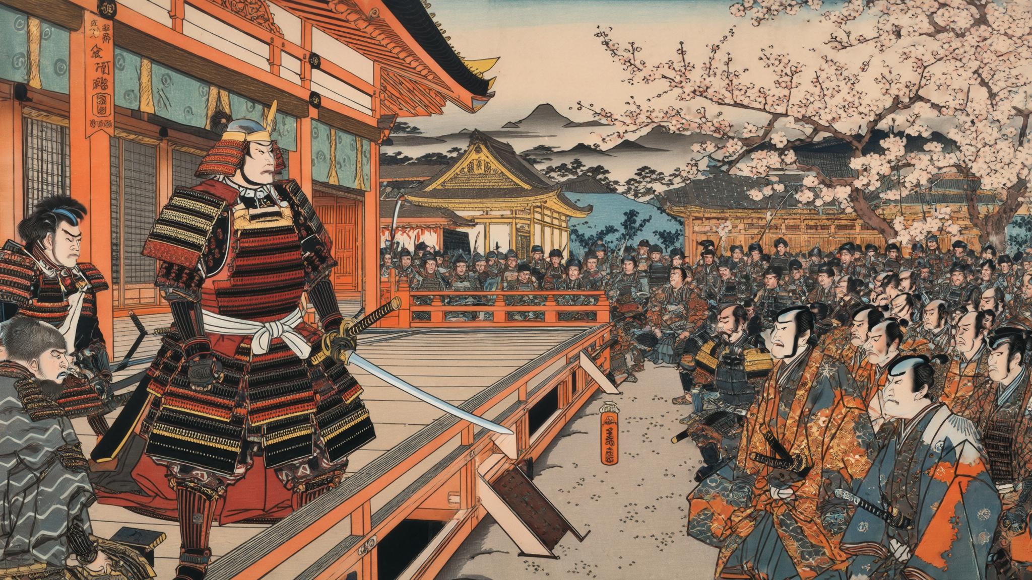 AI Image Generated by Luma Photon: A japanese woodblock style art of oda nobunaga giving speech to his contemporaries in ancient japan edo period