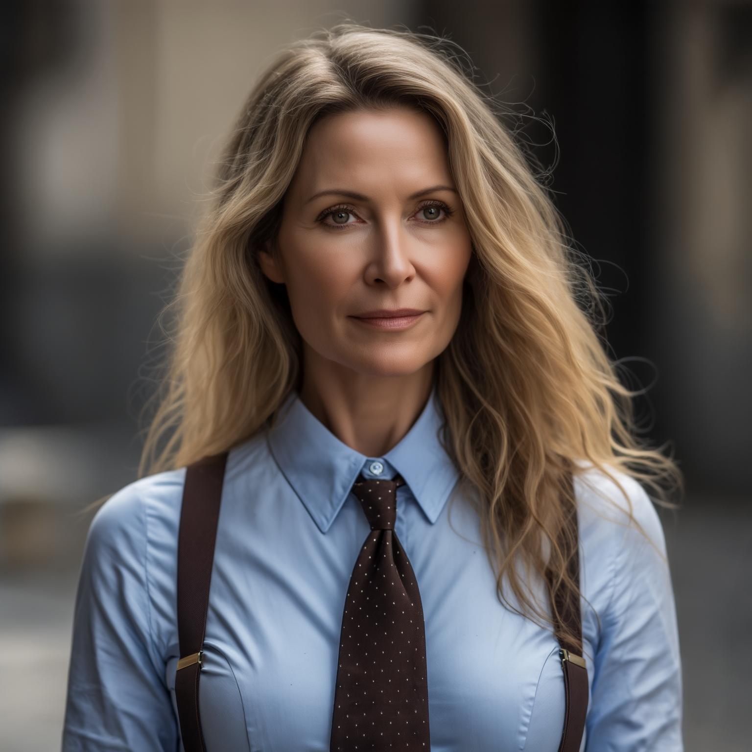 AI Image Generated by Luma Photon: Close-up of a light-skinned woman around 40 years old, with a naturally large bust, wearing a fitted, light blue button-up shirt that strains at the buttons due to her bust size, paired with suspenders. The shirt has a distinct, slightly shiny finish. A dark brown tie with small white polka dots is tied around her neck. Her facial expression is neutral, almost serene, with a slight upturn at the corners of her mouth. Long, wavy blonde hair cascades, framing her face. She looks slightly to the right, adopting a relaxed pose. Natural lighting casts soft shadows, creating a professional but approachable atmosphere. The background is slightly blurred, containing muted urban elements, suggesting an outdoor setting. The overall color palette is muted, with an emphasis on blues, browns, and beige