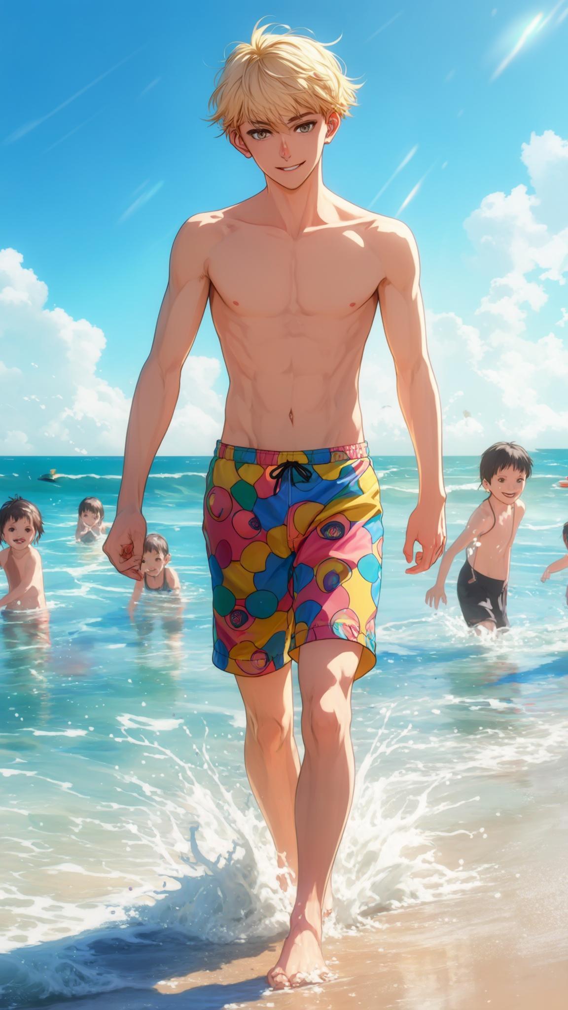 AI Image Generated by Luma Photon: A realistic anime-style depiction of Armin Arlert from Attack on Titan, walking confidently on a sunny beach. He is wearing a colorful swimsuit, evoking a fun and playful summer vibe. His blonde hair flows slightly in the ocean breeze. The background features a bright blue sky, ocean waves, and children playing happily in the water. The scene is vibrant, with a warm summer atmosphere and soft sand beneath his feet