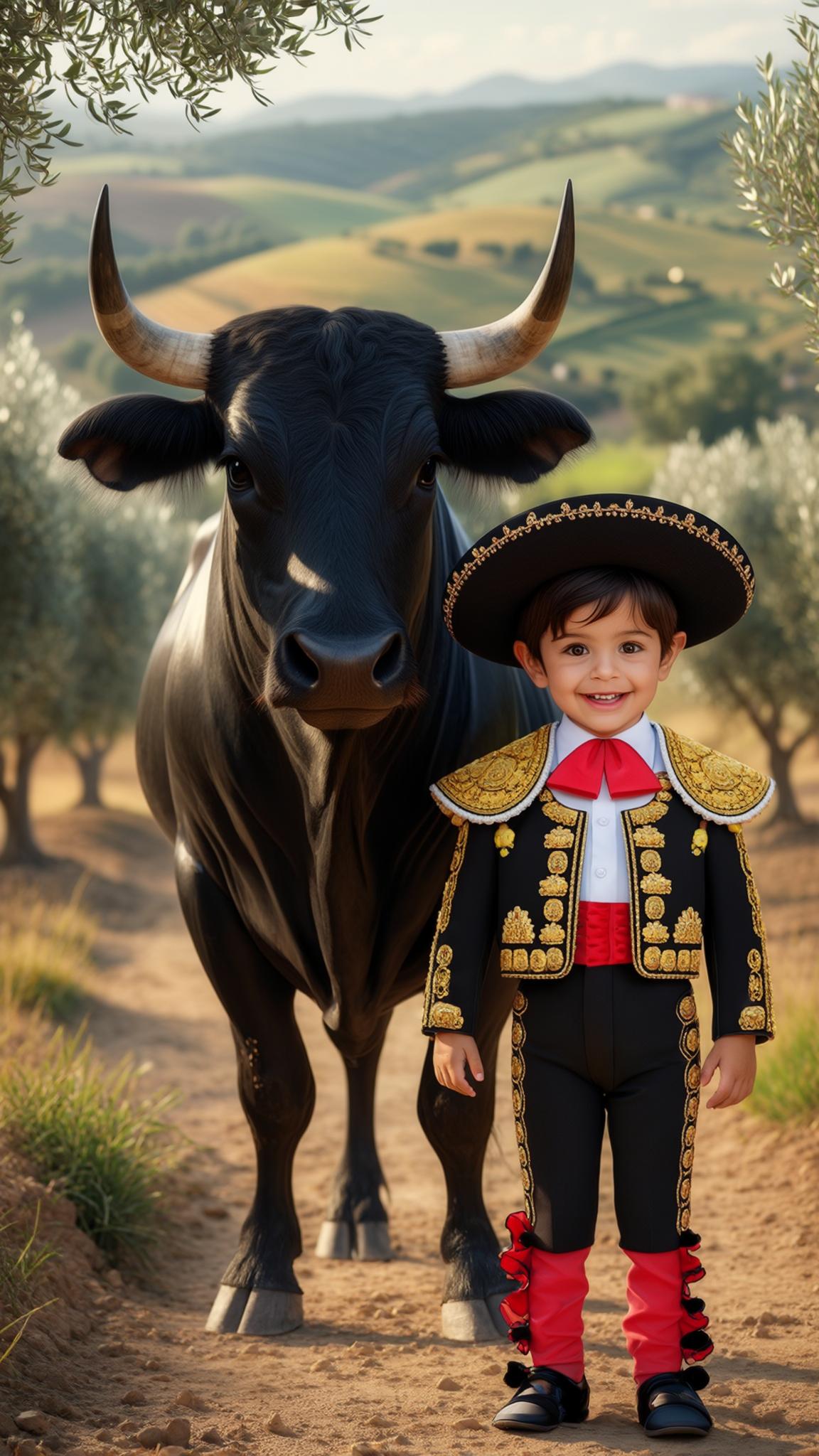 AI Image Generated by Luma Photon: A 3-year-old Spanish boy wearing a traditional flamenco outfit, standing proudly next to a majestic Spanish bull. The boy has dark brown hair, bright eyes, and a joyful expression. The background features a vibrant Spanish countryside with olive trees and rolling hills. depict realistically. 