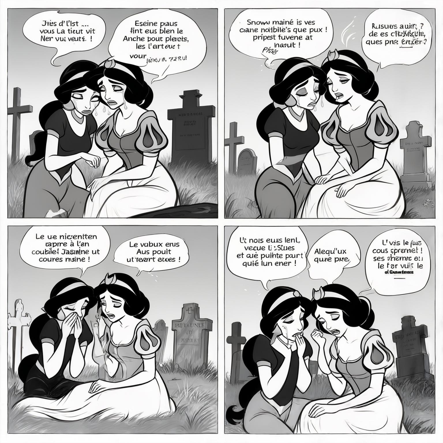 AI Image Generated by Luma Photon: lesbiennes en t-shirt noir et robe noir princesse Jasmine consolée sa femme princesse blanche neige éclatée en sanglot beaucoup pleurer essayer de lui parler et Jasmine la rassurer dans les bulles de bande dessiner française 
faire le funérailles de c'est parents au cimetière styles dessin drawing Disney 1937s
