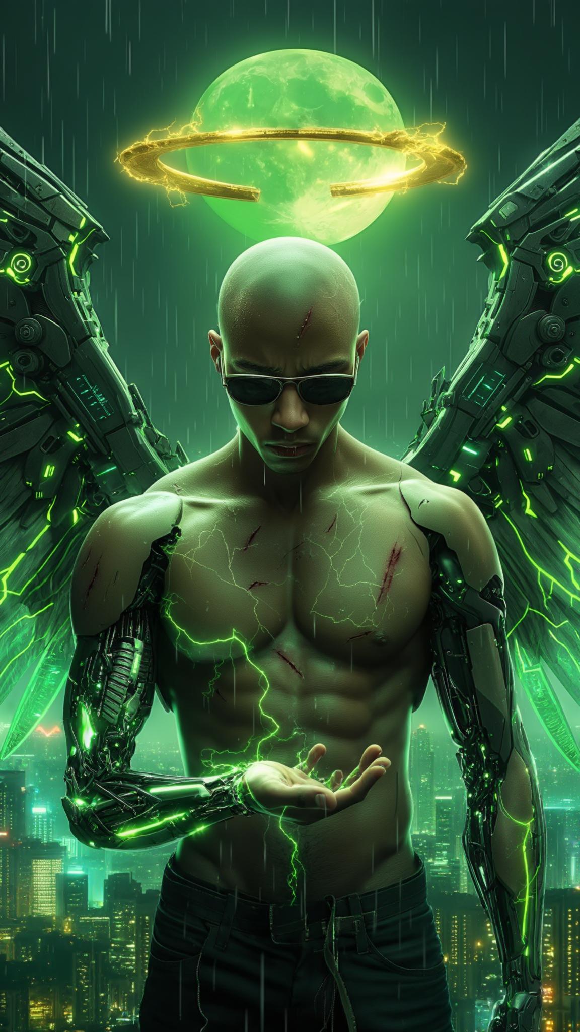 AI Image Generated by Luma Photon: A cinematic close-up captures a bald Dominican young man standing motionless in the heart of a sprawling futuristic cityscape. The golden glow of a floating halo above his head softly illuminates his cybernetically enhanced face, highlighting deep scars that tell a story of survival. His sleek sunglasses rest low on his nose, revealing sharp, contemplative eyes as he gazes into his open palm radiating with green electricity. Raindrops sizzle against his cybernetic fingers, steam rising as faint arcs of electricity dance across his metallic limbs. His massive Gundam-style mecha wings remain folded behind him, pulsating with neon green energy, their intricate mechanisms subtly shifting with each breath he takes. The city hums around him—ships patrol the sky, their distant lights flickering in the reflection of his palm. The camera lingers on the moment, capturing every detail in hyper-realistic 8K with Unreal Engine-quality visuals. The neon skyline pulses in slow rhythm, a hypnotic dance of color and light, while a massive green moon looms overhead, casting an ethereal glow across the scene. The world seems to pause with him, the weight of destiny resting in his grasp.