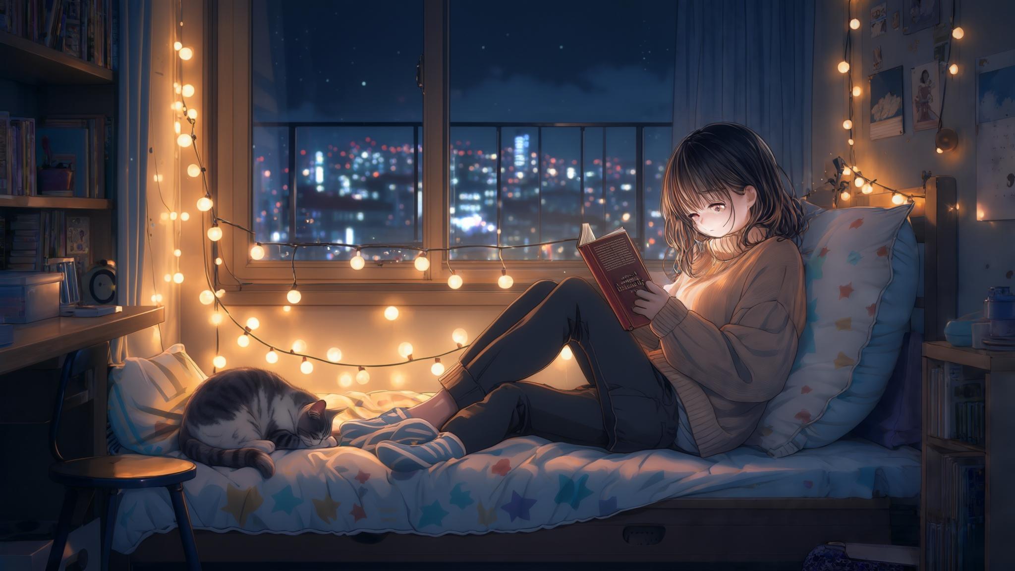 AI Image Generated by Luma Photon: A dreamy and cozy anime-style illustration of a small bedroom at night. A girl wearing an oversized sweater sits on her bed, hugging a pillow while scrolling through a book. A dimly lit fairy light string glows softly, casting a warm, golden hue. A sleepy cat is curled up at her feet, and outside the window, the city lights twinkle against the dark sky. The scene feels peaceful, nostalgic, and inviting