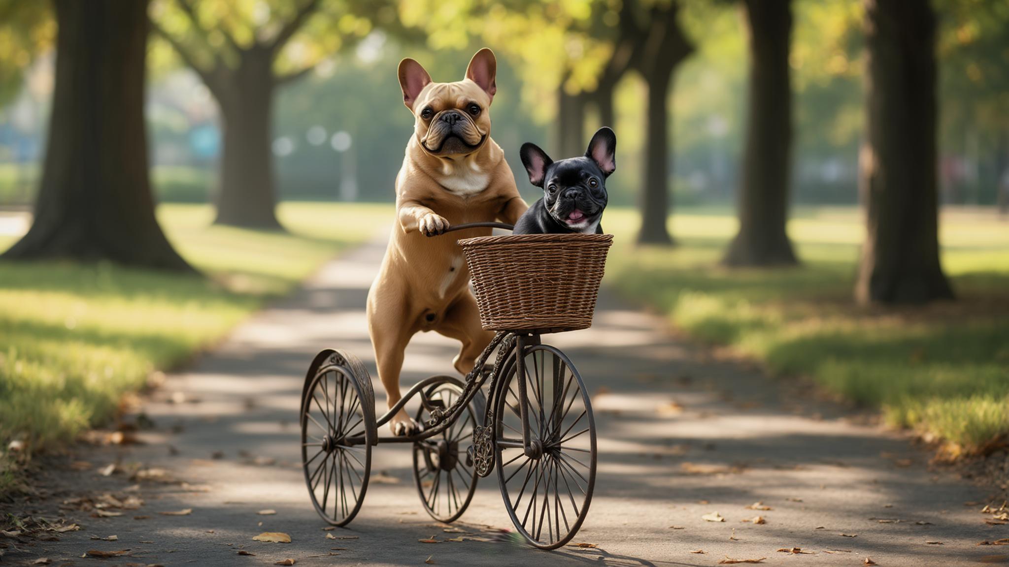 AI Image Generated by Luma Photon: Render an image of a tan colored French Bulldog riding an old fashioned bicycle with a basket attached to it at the front. Sitting in the basket is a small black coloured French bulldog. His head is poking out of the top of the baske4t as he looks forward with a smile on his face.
High Resolution
HDR
Landscape 
_ar_16:9_1024 x 512 pixels - landscape 
_raw_