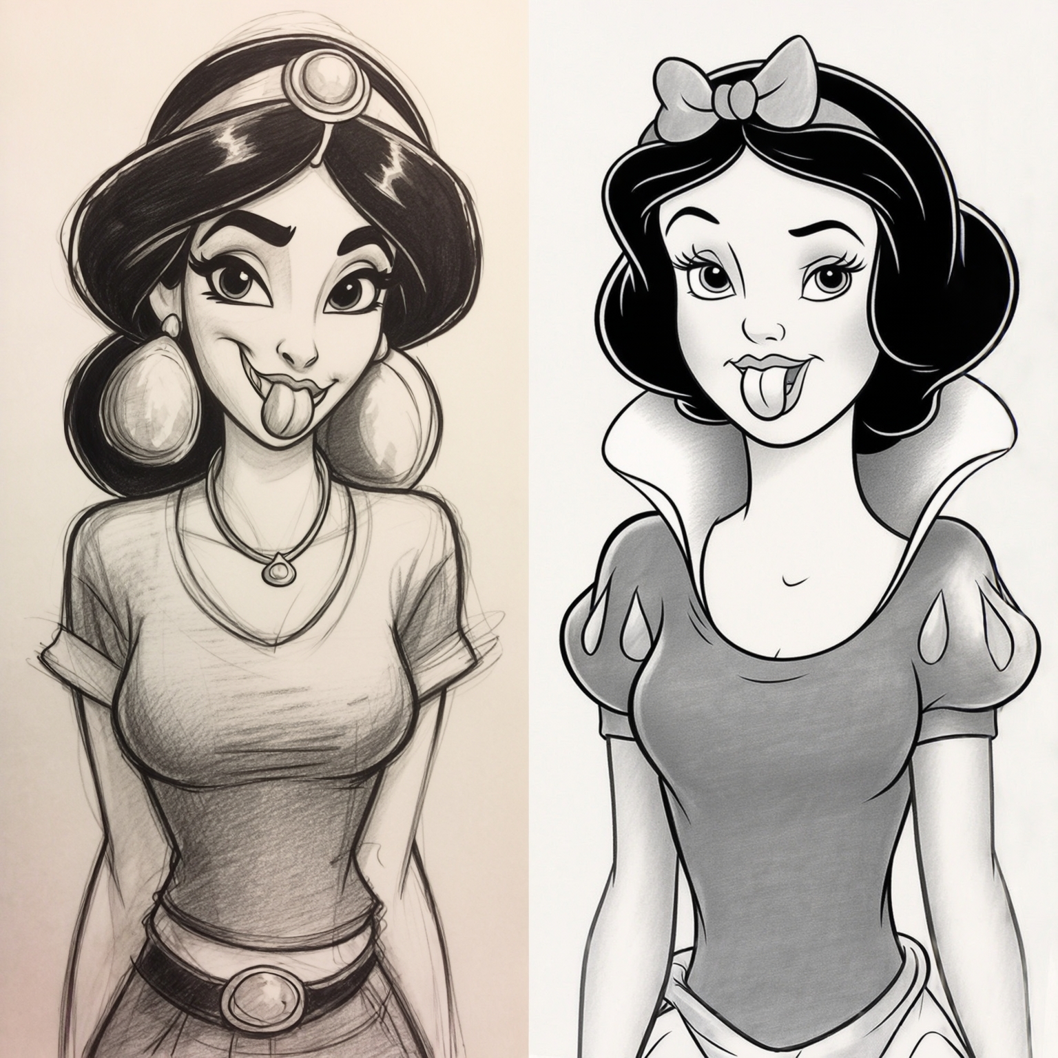 AI Image Generated by Luma Photon: Two lesbians in t-shirts gray and princess jasmine whit Mouth Monster nice ogress and princess snow white whit mouth monster nice ogress drawing Disney 1937s that both 