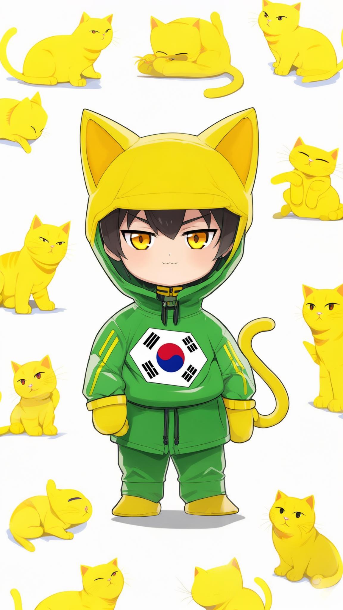 AI Image Generated by Luma Photon: Look at the white background of yellow cats and draw a very ear character of yellow cats with the number of yellow cats.On the green outfit, the Korean flag is engraved on the green outfit.