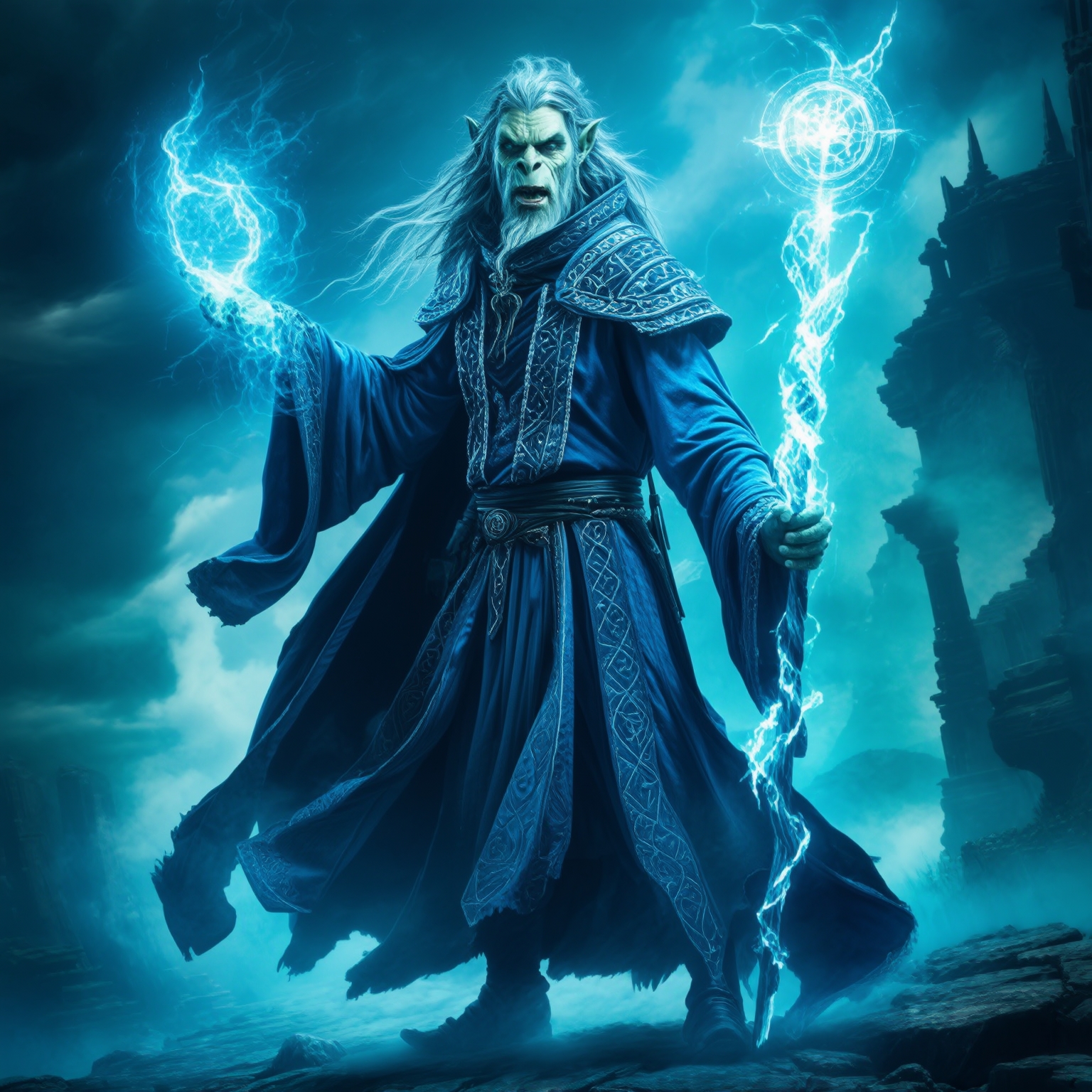 AI Image Generated by Luma Photon: a gorgeous epic dnd character. Swagger. Half-orc mage in blue