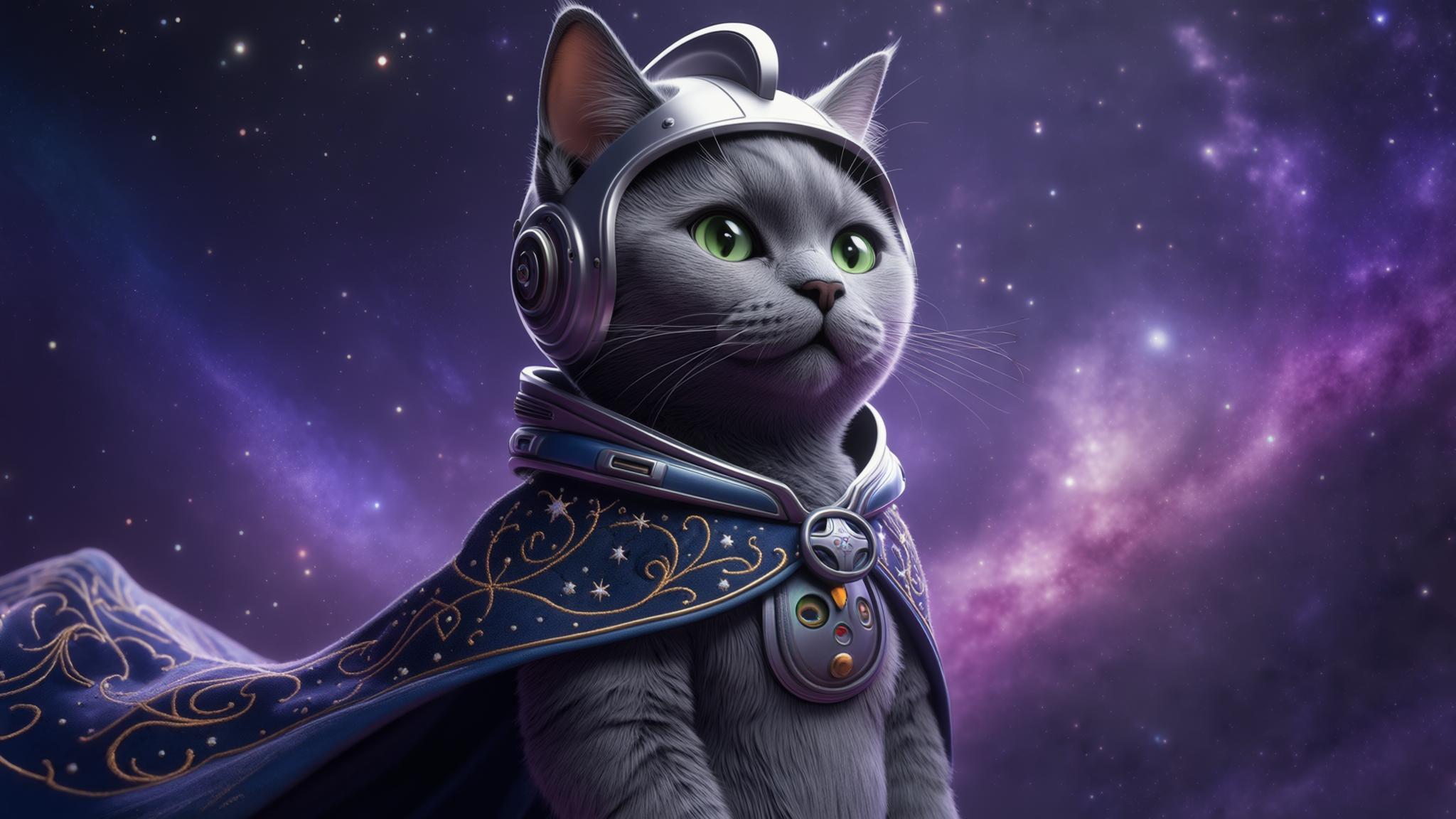 AI Image Generated by Luma Photon: Captain Cosmo is a timeless male cat with a round, fluffy gray face (short gray fur, wide green eyes, tiny whiskers), wearing a shiny silver space helmet and a starry cape that reflects his adventurous spirit. His playful tail-swishing expresses his unique presence. Animation style: DISNEY 3D PIXAR. In this scene, he is standing proudly with paws on hips in a vast starry galaxy setting, enhanced by vibrant cosmic lighting, an awe-inspiring mood, deep purples and blues, DISNEY 3D PIXAR art style