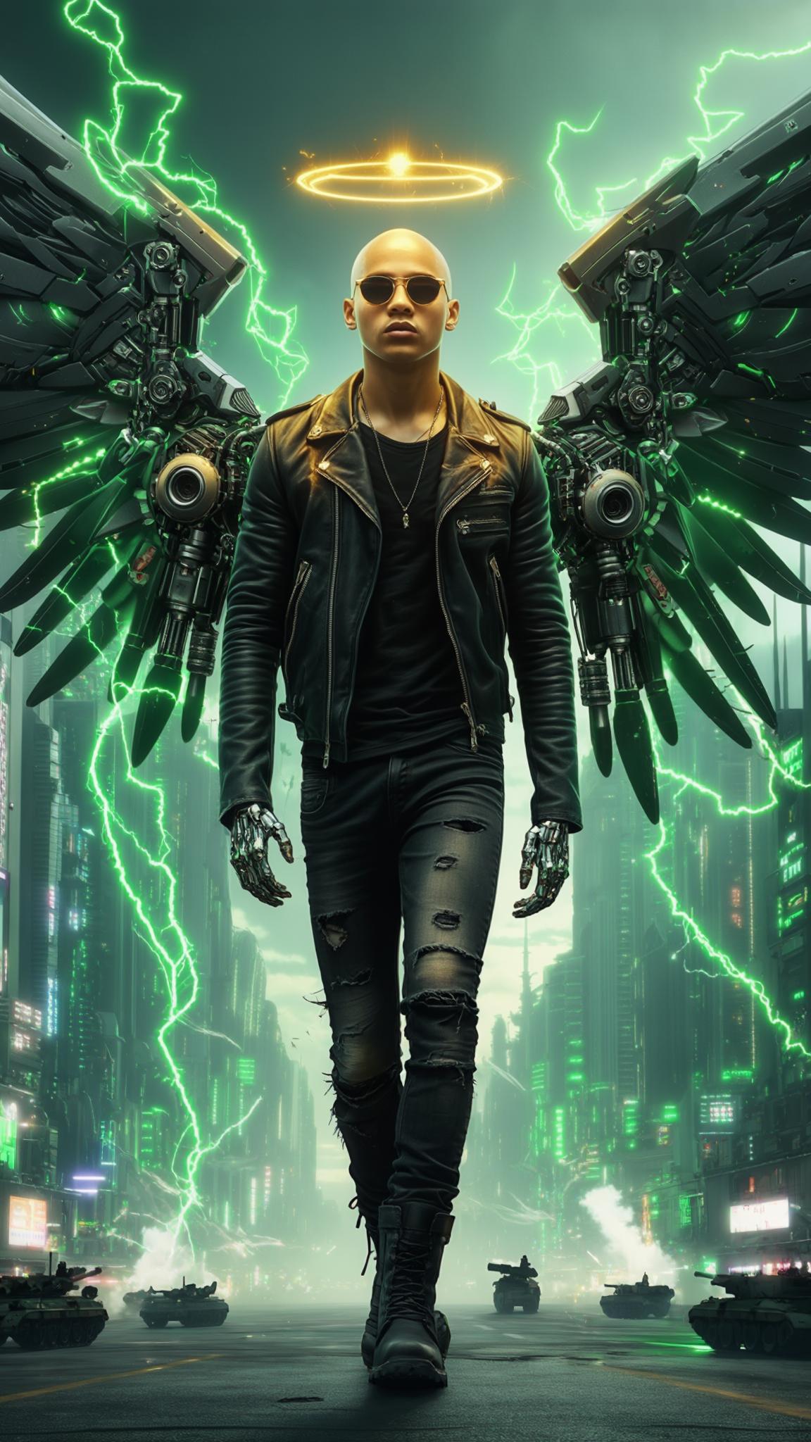 AI Image Generated by Luma Photon: A cinematic 45-degree camera shot captures a bald Dominican young man stepping forward with effortless confidence in the heart of a sprawling futuristic cityscape. A glowing halo hovers above his head, casting a golden shimmer onto his cybernetically enhanced face. He wears a tattered black leather jacket, fitted black jeans, and heavy boots, his cybernetic arms flexing under the pulsing neon lights. The pre-dawn air hums with the distant roar of patrolling ships, their reflections streaking across his sleek sunglasses. Attached to his back, two colossal Gundam-style cybernetic mecha wings unfurl, a fusion of sleek black alloy and pulsating neon green energy, their intricate mechanisms shifting with a mechanical hiss. Electricity courses through his body, arcing in jagged streaks across his limbs and wings like a living storm, crackling with raw power as he moves. The camera tracks his deliberate steps, shifting to capture the sheer scale of the metropolis—towering skyscrapers lined with shifting holograms, neon signs flickering in hypnotic rhythm. A massive green moon looms directly behind him, bathing the entire skyline in an ethereal glow. Rendered in hyper-realistic 8K with Unreal Engine-quality visuals, every detail—from the scuffed leather of his jacket to the intricate energy surges along his cybernetic frame—creates a striking fusion of power and destiny. As he strides forward, the air itself seems charged, the world bending to the force of his presence.