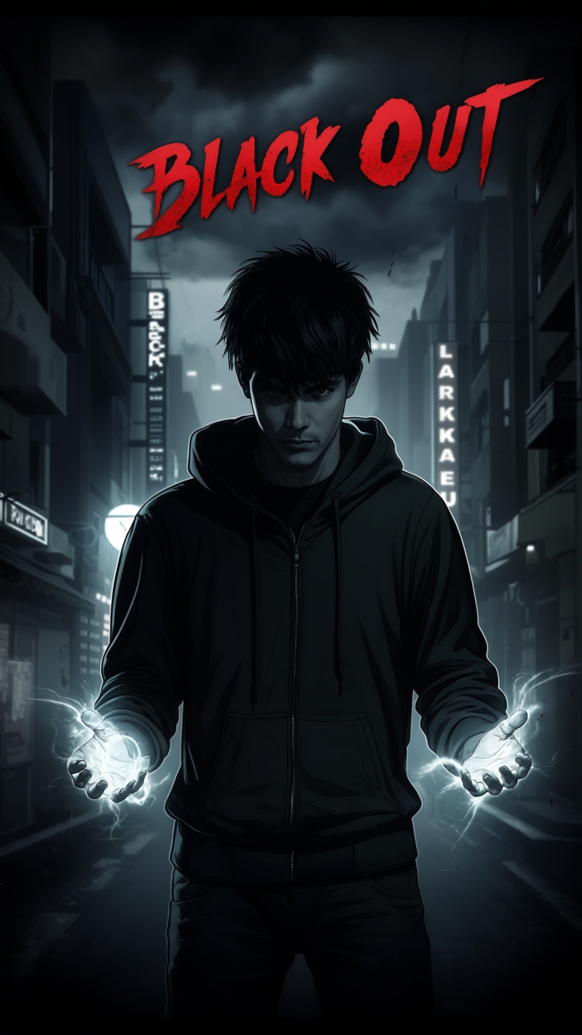 AI Image Generated by Luma Photon: "Create an intense, dark-themed thumbnail image for a hero story titled 'Black Out.' The scene shows a lone figure, a young man in his mid-20s with short, messy black hair, wearing a dark hoodie, standing in the middle of a modern city at night. The city around him is dimly lit, with shadows enveloping the streets, hinting at a sense of mystery and danger. His hands are slightly raised as if he's about to unleash a powerful ability, with glowing, faint energy pulsing from his palms, symbolizing his growing power. The atmosphere is tense and ominous, with dark clouds swirling above, and neon lights from nearby signs casting an eerie glow. The title 'Black Out' is prominently displayed in bold, slightly distressed font, adding to the gritty, suspenseful vibe of the image."