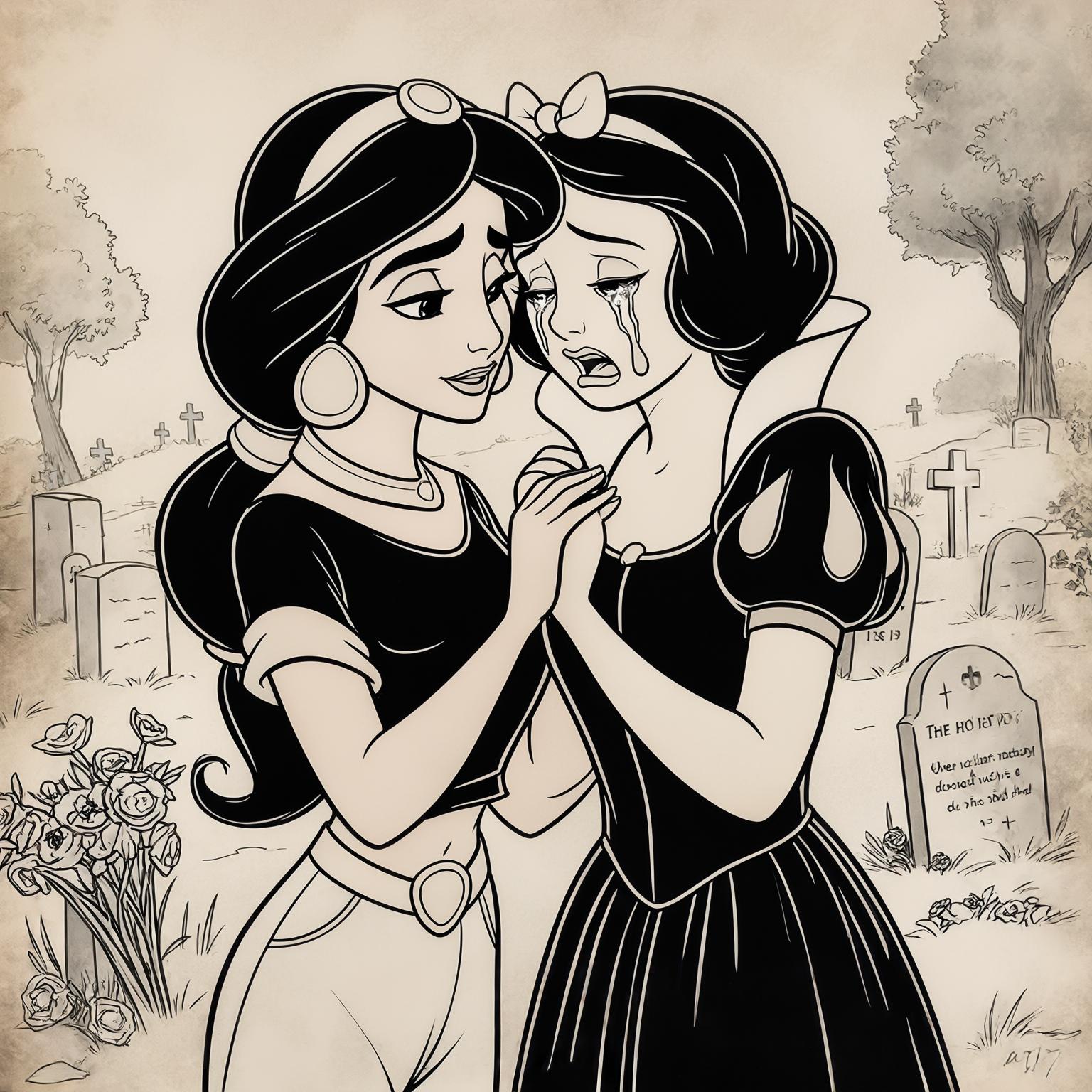 AI Image Generated by Luma Photon: lesbiennes en t-shirt noir et robe noir princesse Jasmine consolée sa femme princesse blanche neige éclatée en sanglot beaucoup pleurer faire le funérailles de c'est parents au cimetière styles dessin drawing Disney 1937s