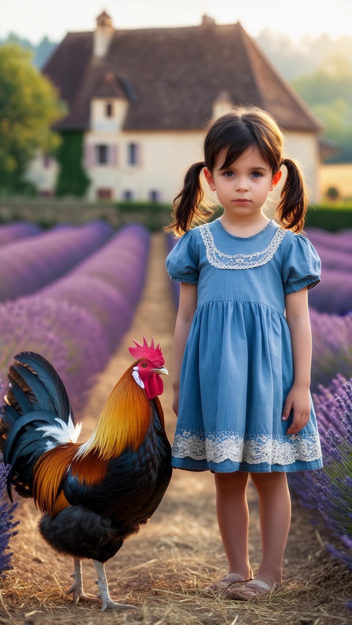 AI Image Generated by Luma Photon: 3-year-old French girl with dark brown hair in pigtails, wearing a cute blue dress with white lace, standing in a countryside farm next to a proud Gallic rooster. The background features a French farmhouse with lavender fields