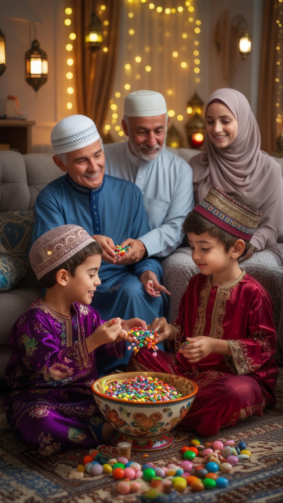 AI Image Generated by Luma Photon: A heartwarming scene of young grandchildren sharing colorful candy with their elderly grandparents during Eid al-Fitr. The grandchildren, dressed in festive, traditional attire, smile brightly as they offer a variety of sweets in a decorative bowl. The grandparents, seated comfortably, receive the candy with warmth and joy. The background features a cozy living room with festive decorations, evoking a sense of family togetherness and cultural celebration. Soft lighting enhances the warmth of the moment.  
