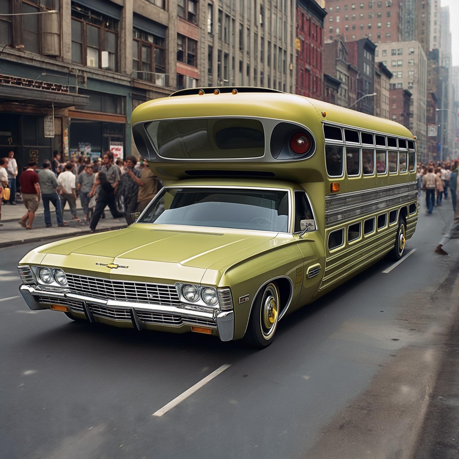 AI Image Generated by Luma Photon: Chevrolet Impala 1968 city bus version, Including the entire body