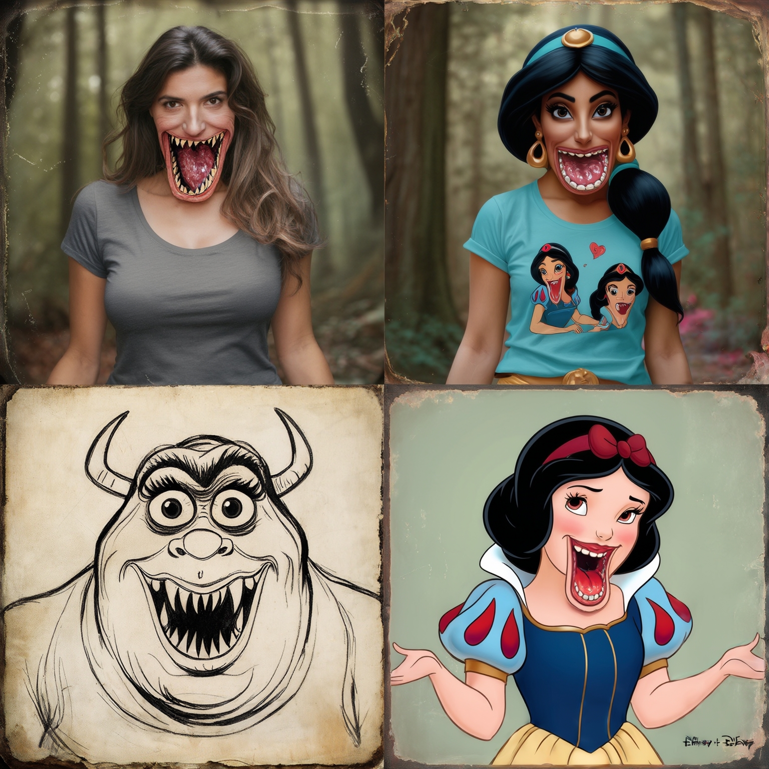 AI Image Generated by Luma Photon: Two lesbians in t-shirts gray and princess jasmine being whit Mouth Monster nice ogress and princess snow white whit mouth monster nice ogress drawing Disney 1937s that both 